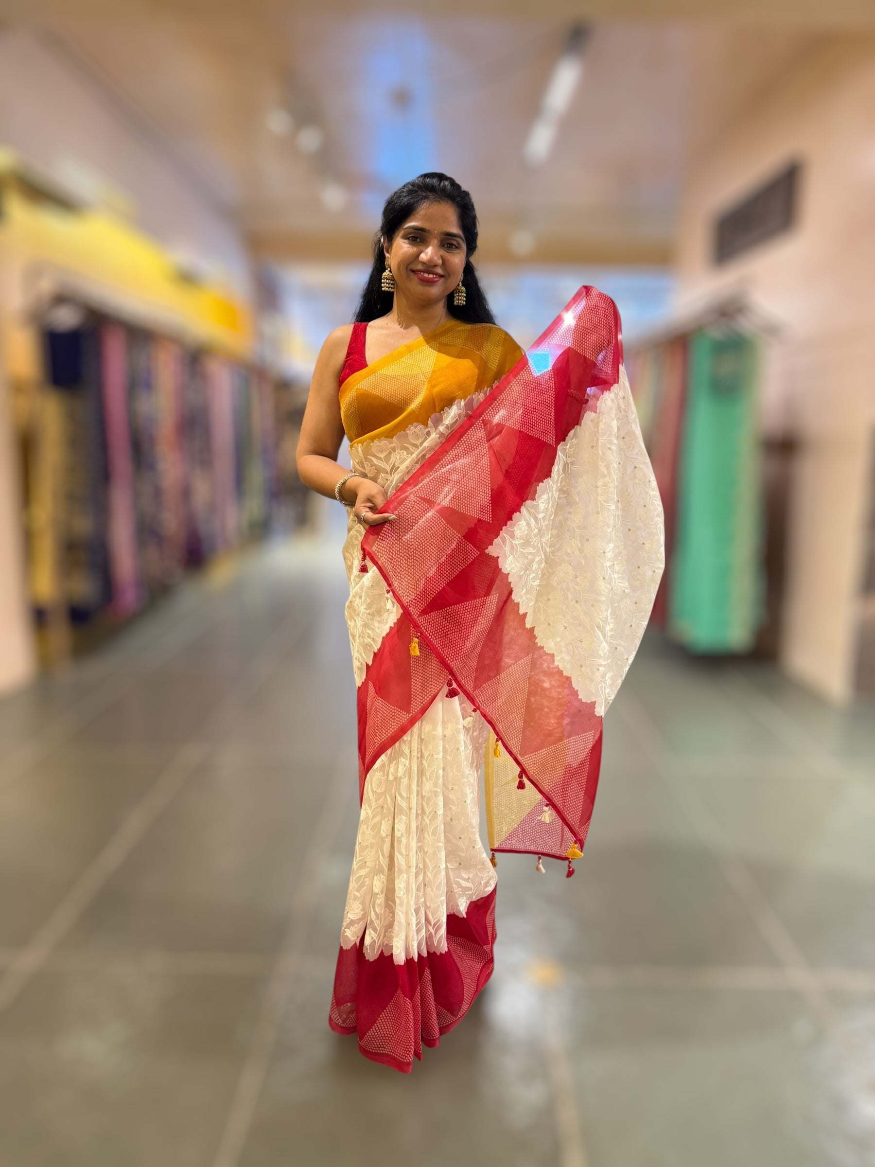 Organza Chikankari Embroidery Saree With Ganga Jamuna Bandhini Temple Borders