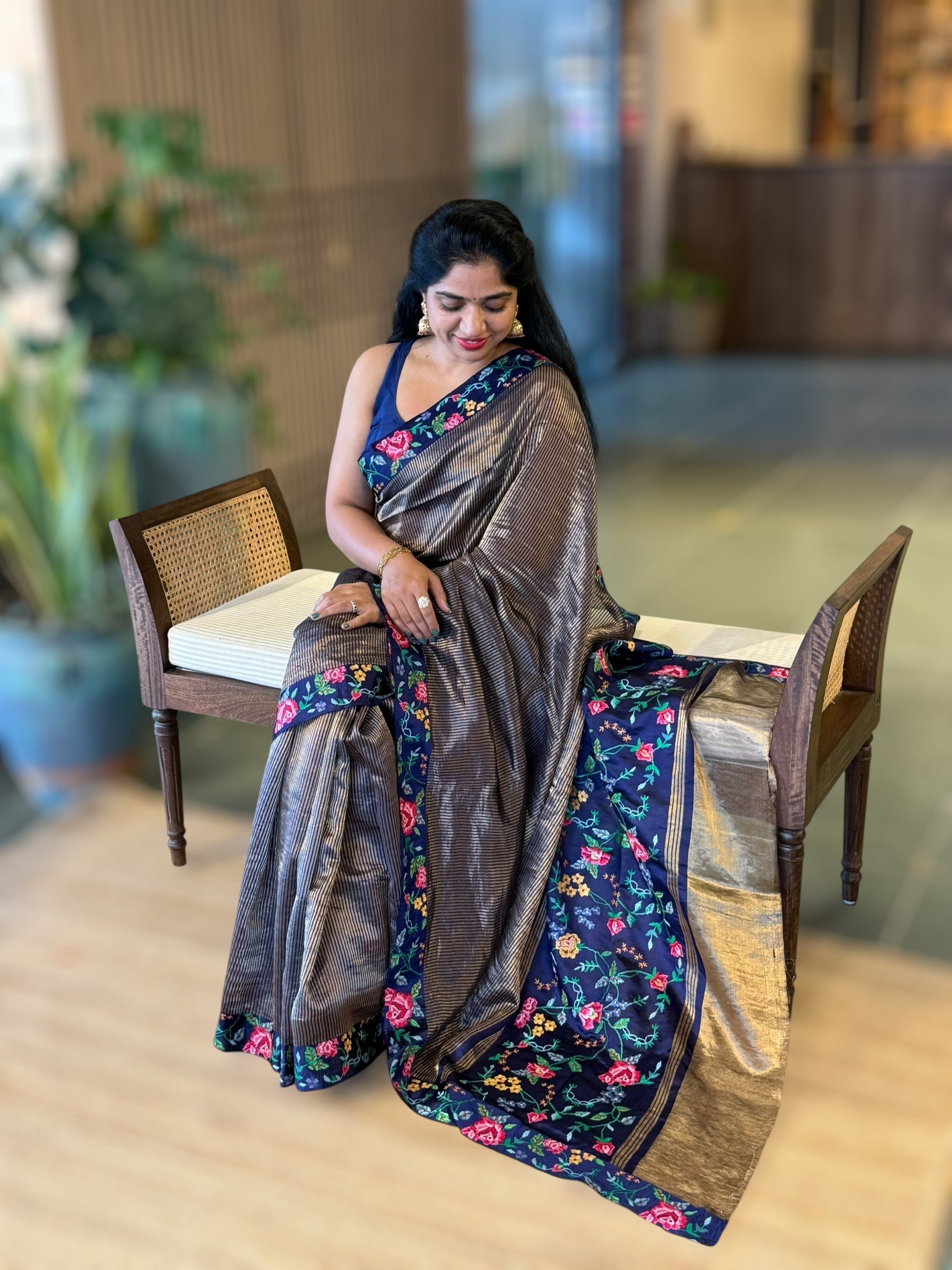 Navy Tissue Stripes Saree wth Petite Point Embroidered Border Pallu & BP