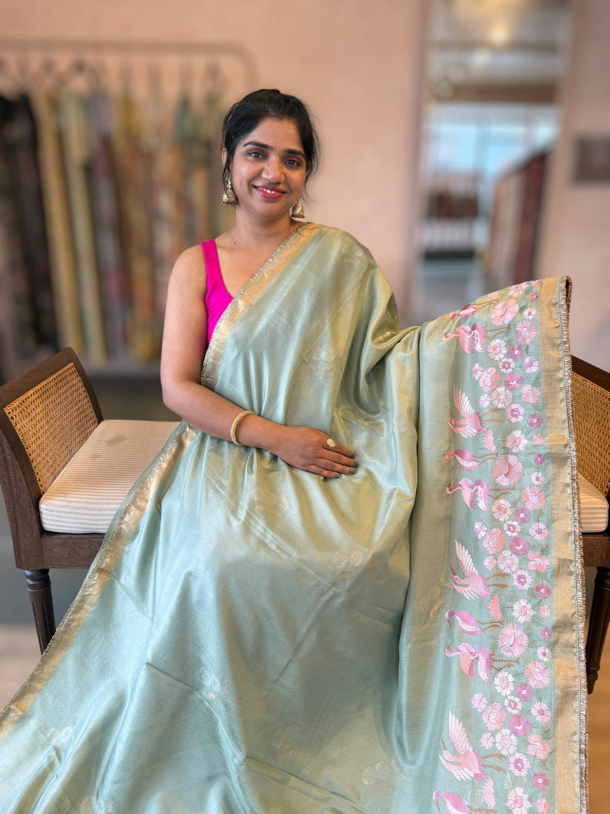 Mint Green Kanchi Silk Saree in  With Beautiful Parsi Gara  Embroidered Border