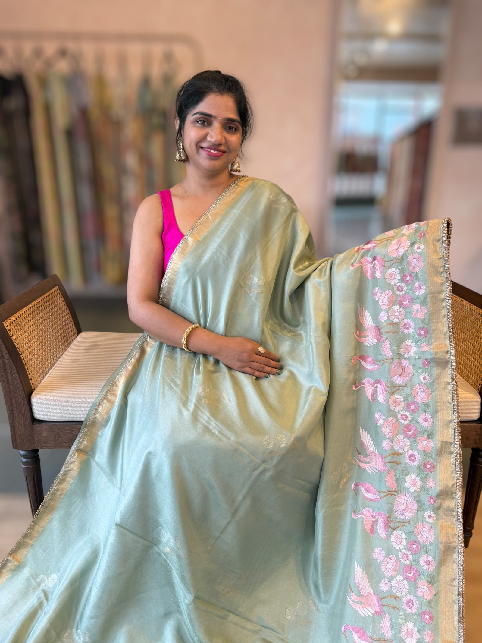 Mint Green Kanchi Silk Saree in  With Beautiful Parsi Gara  Embroidered Border