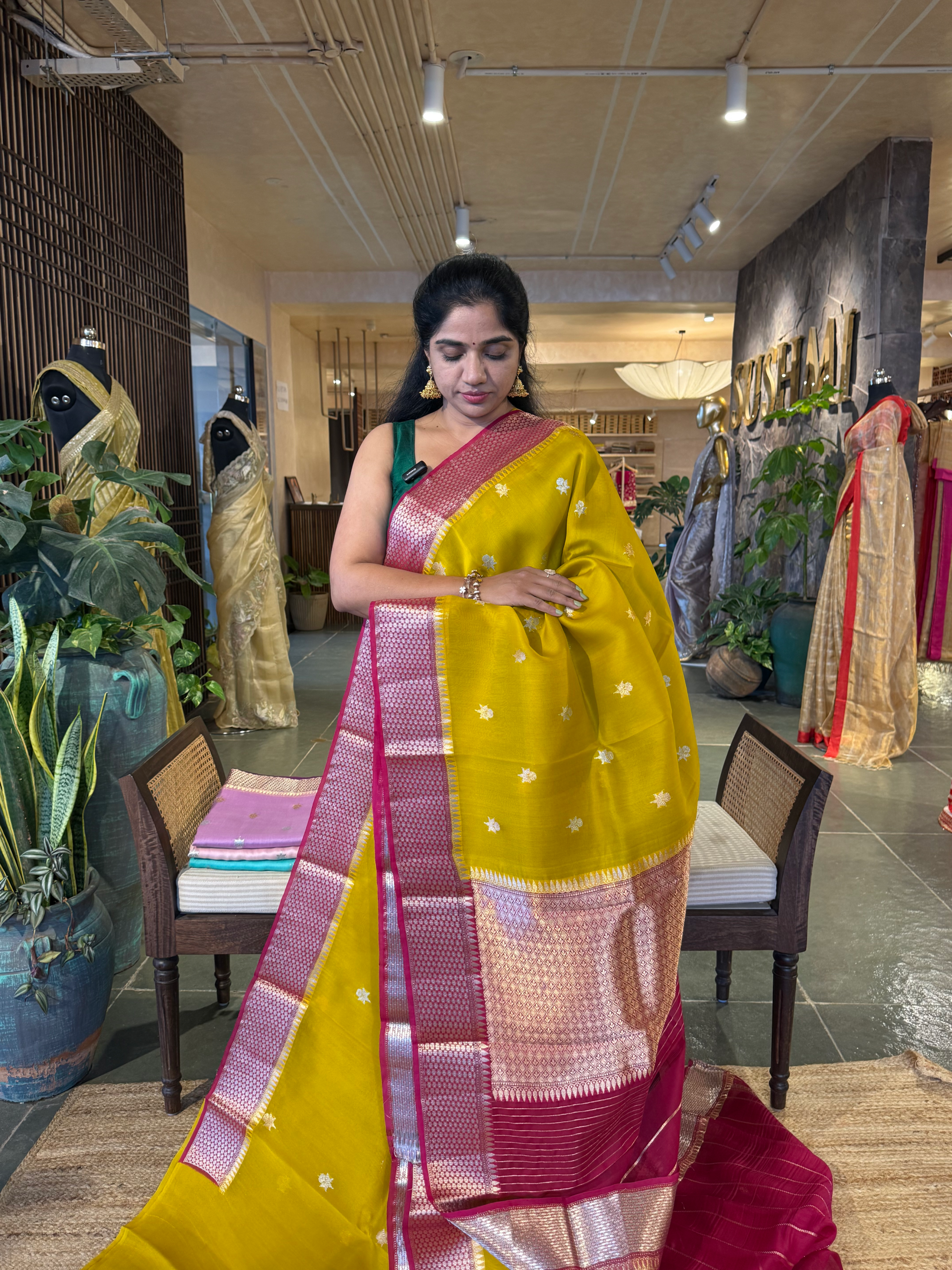 Lime Yellow & Chilli Red Combo Kora Banarasi  Saree with kaduwa Weaving