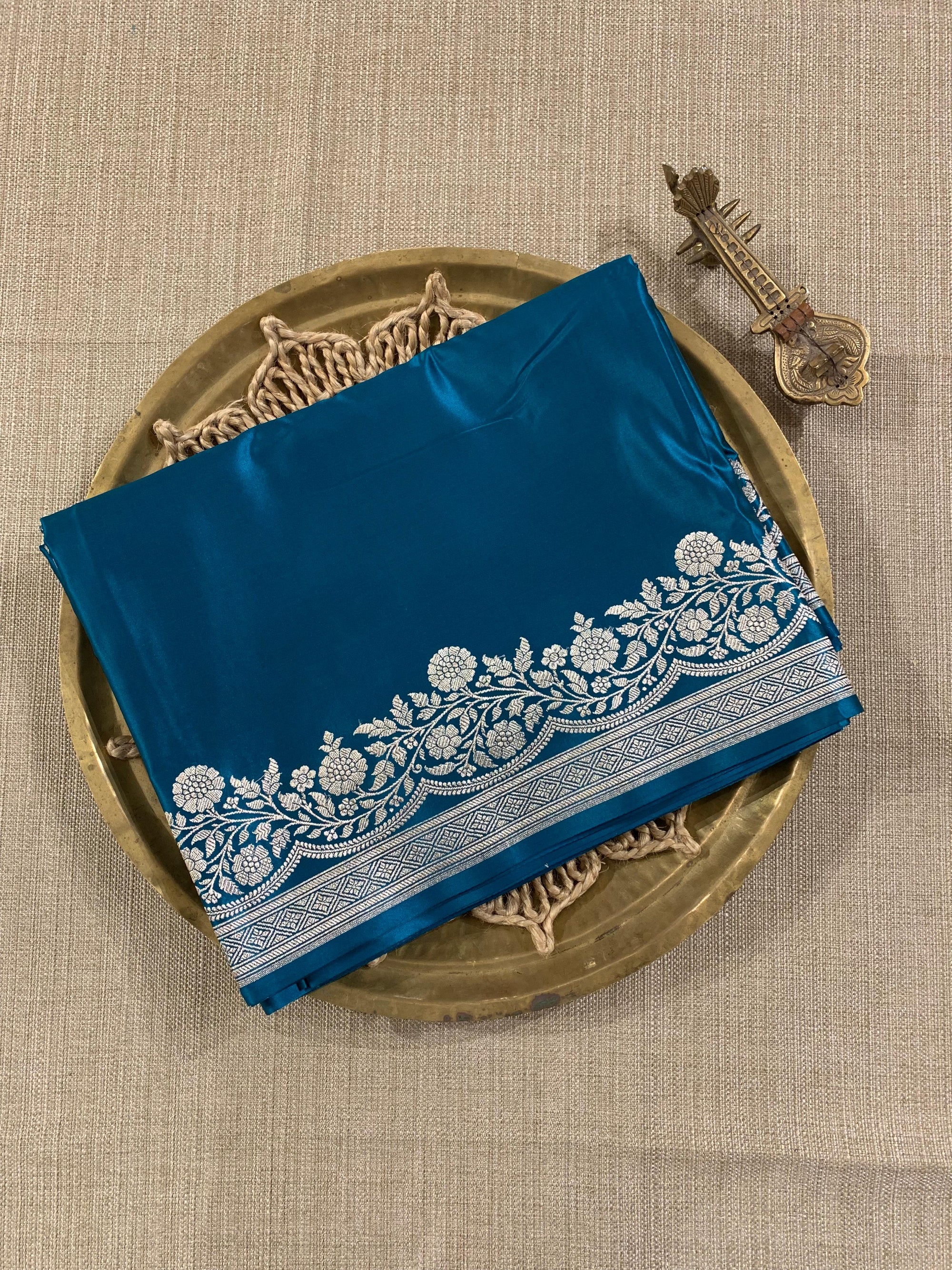 SMSSA228  Peacock Blue Mashru Silk Saree With Scallop Border