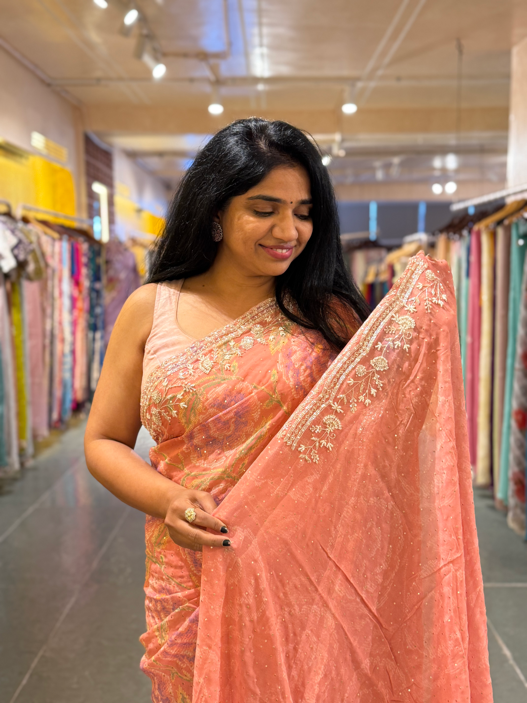 Peach Pink Pure gorgette printed Saree with handwork