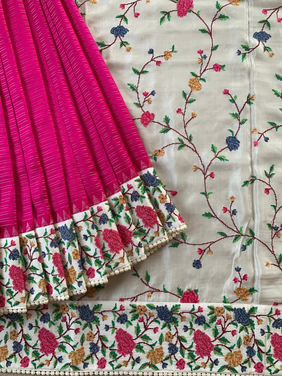 Pink Kanchi Soft Silk Saree With Petite Point Embroidered Border Pallu & Blouse