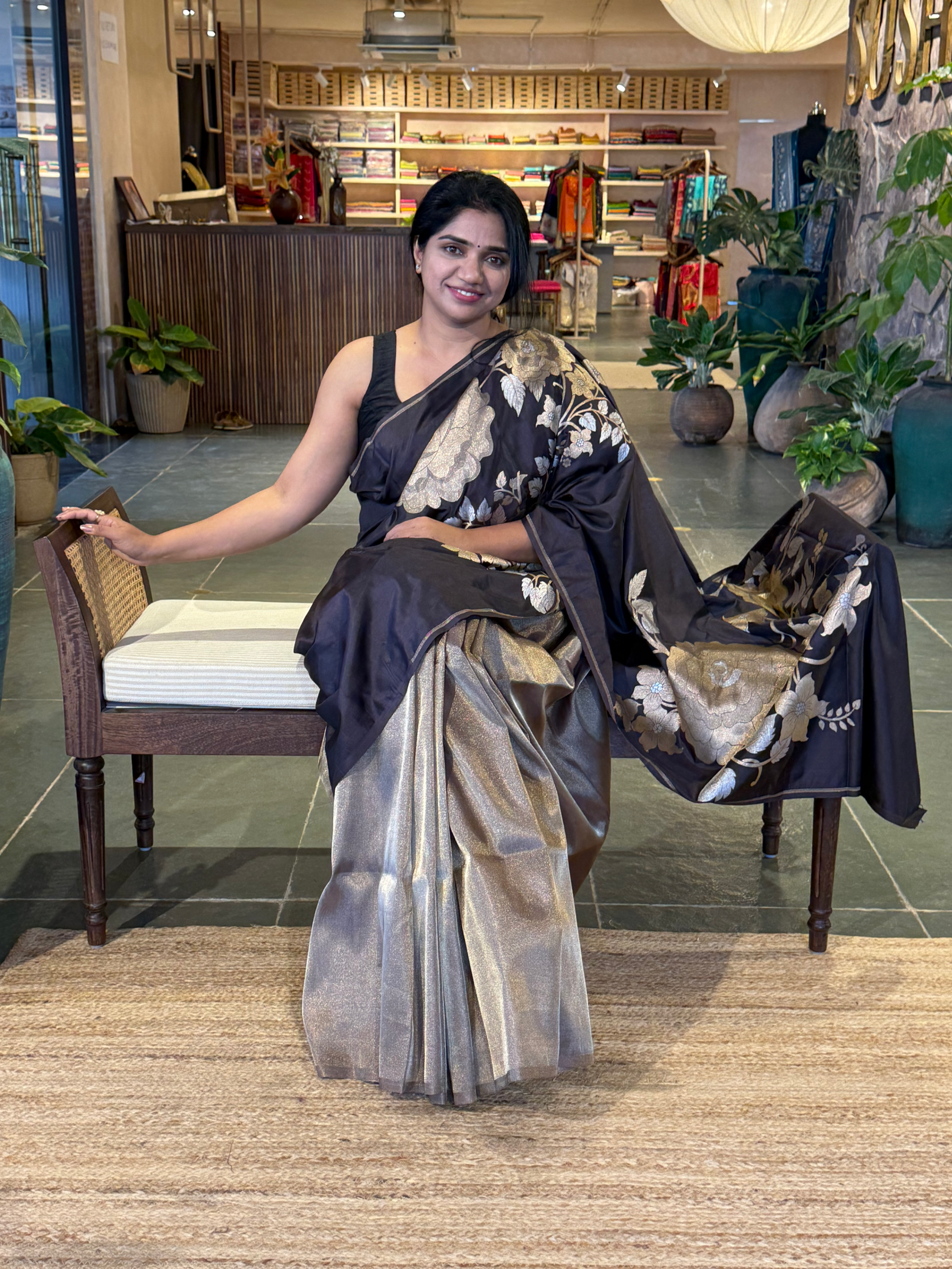 Dark Choclate and Antique Gold Designer Banarasi Silk Saree