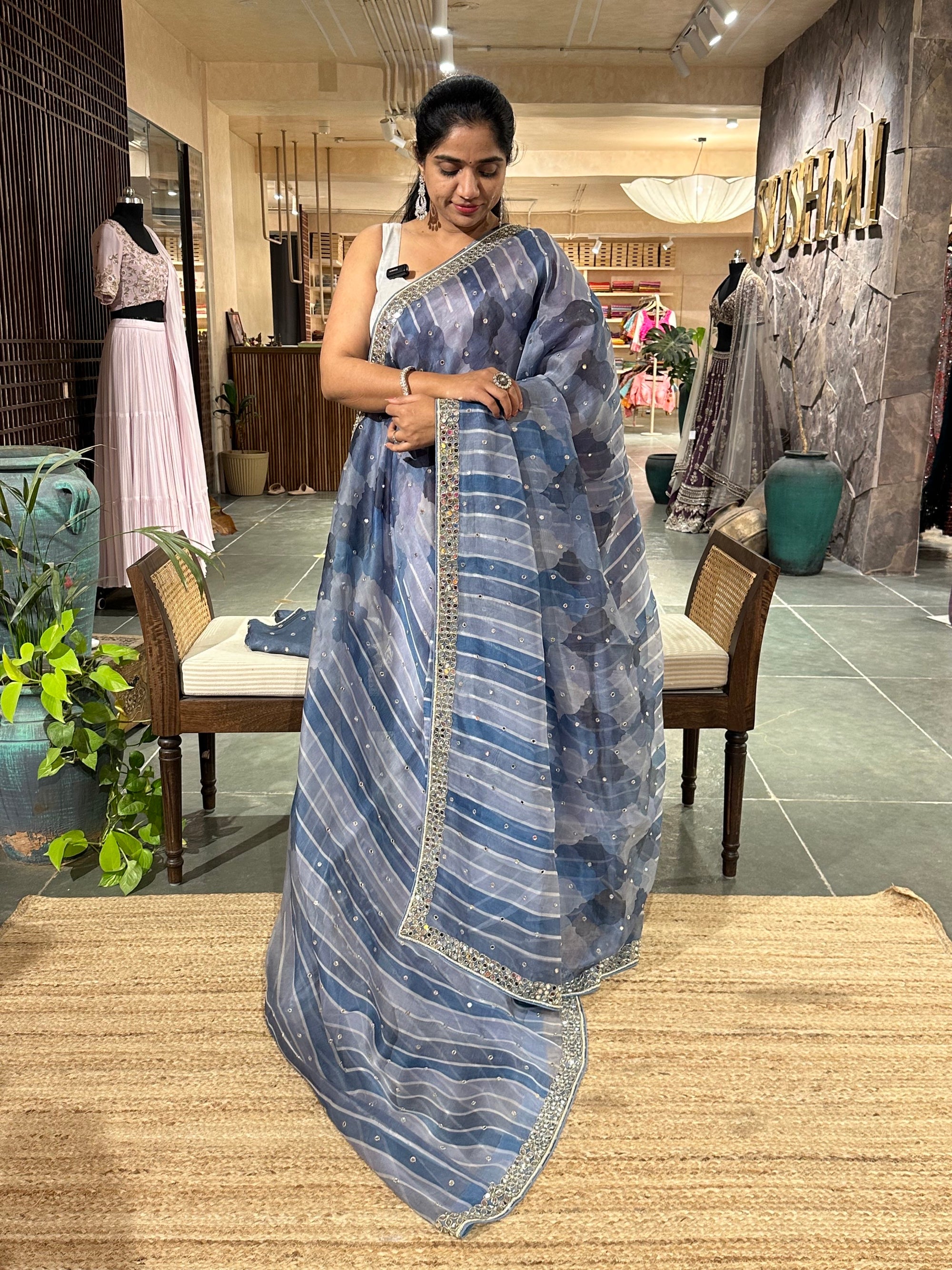 Organza Handwork Saree with mirrorwork