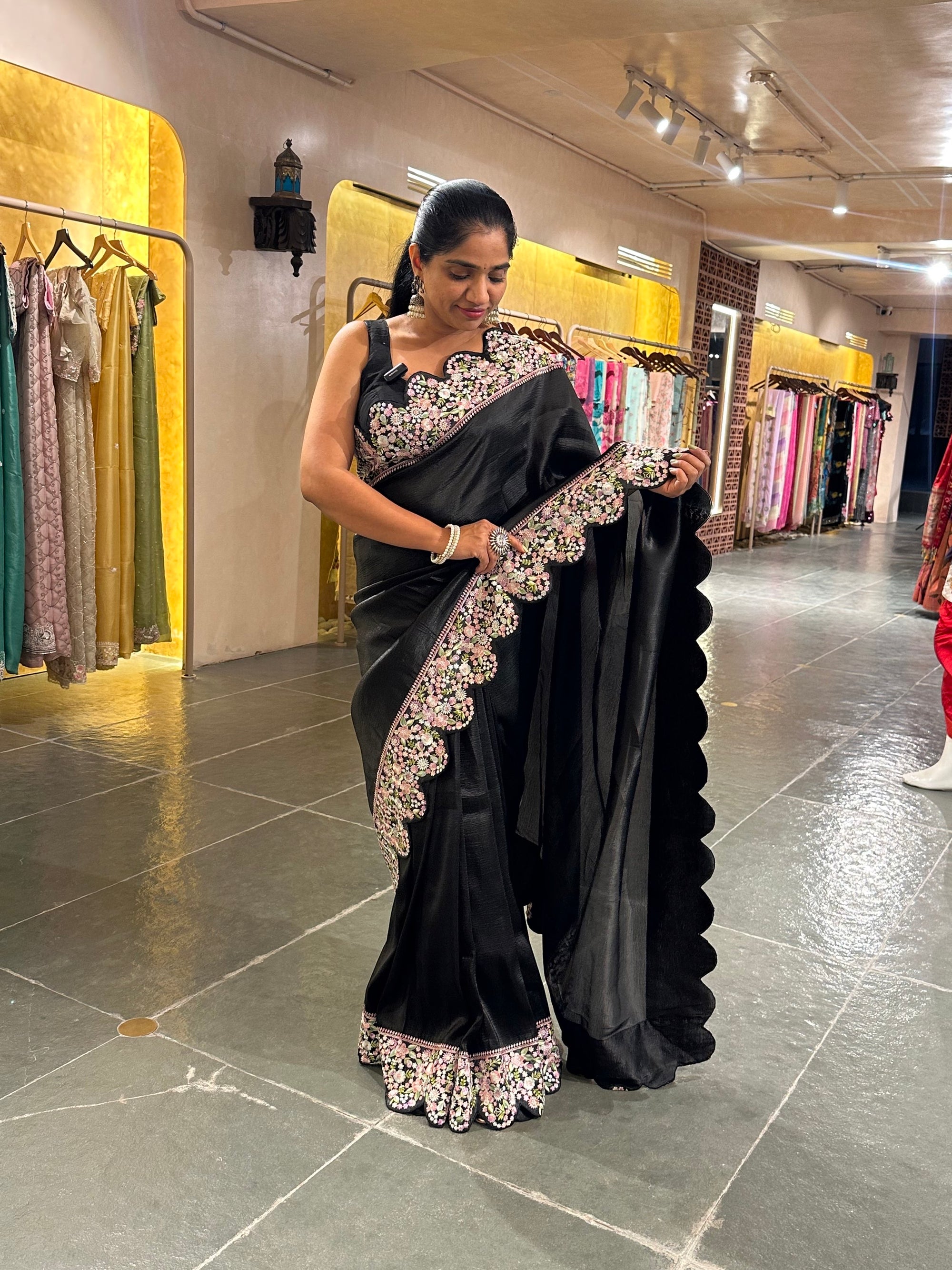 Black Crush Saree with beautiful threadwork scalloped  border
