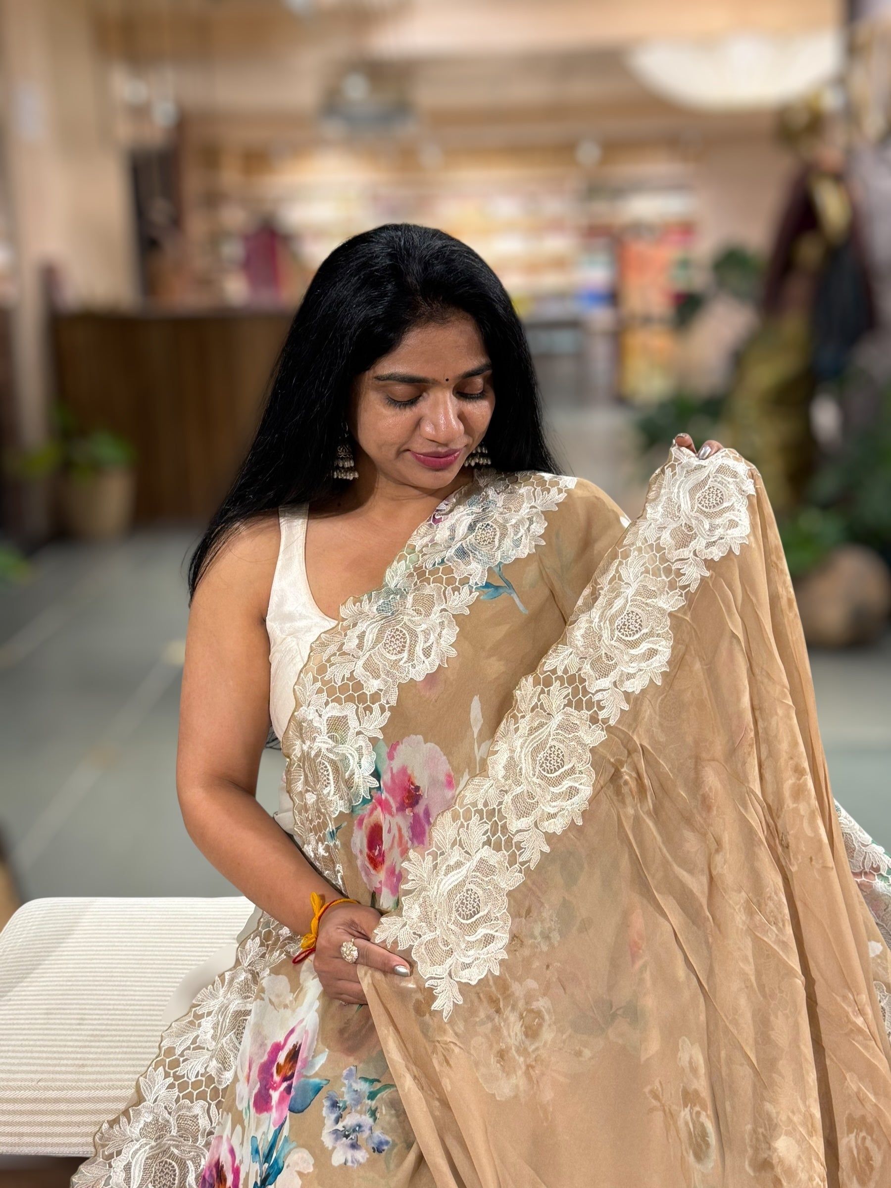 Onion Pink Gorgette  Saree With Chatilly Lace Style Cutwork embroidered Border