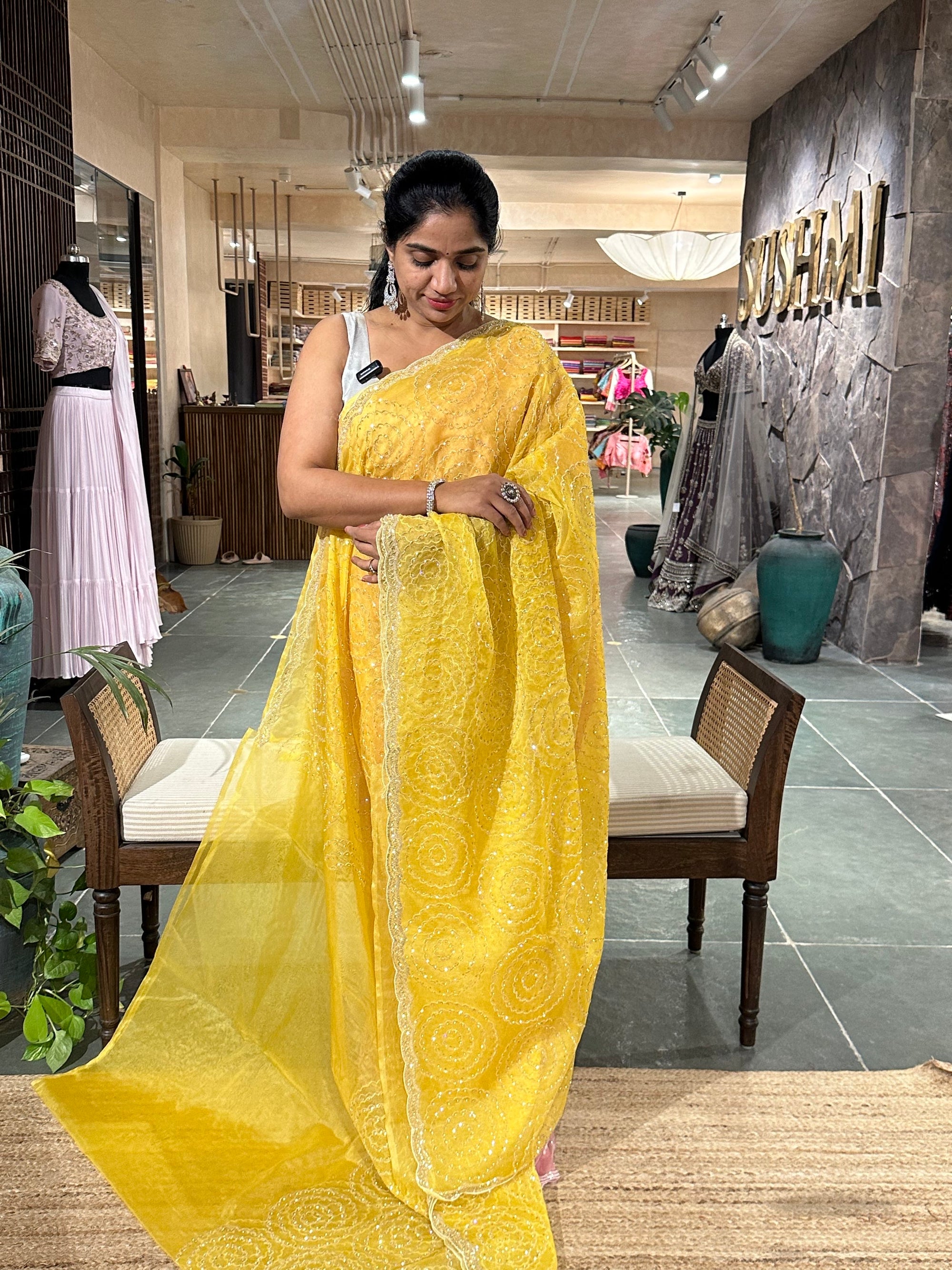 Yellow Organza Cocktail Saree with allover handwork