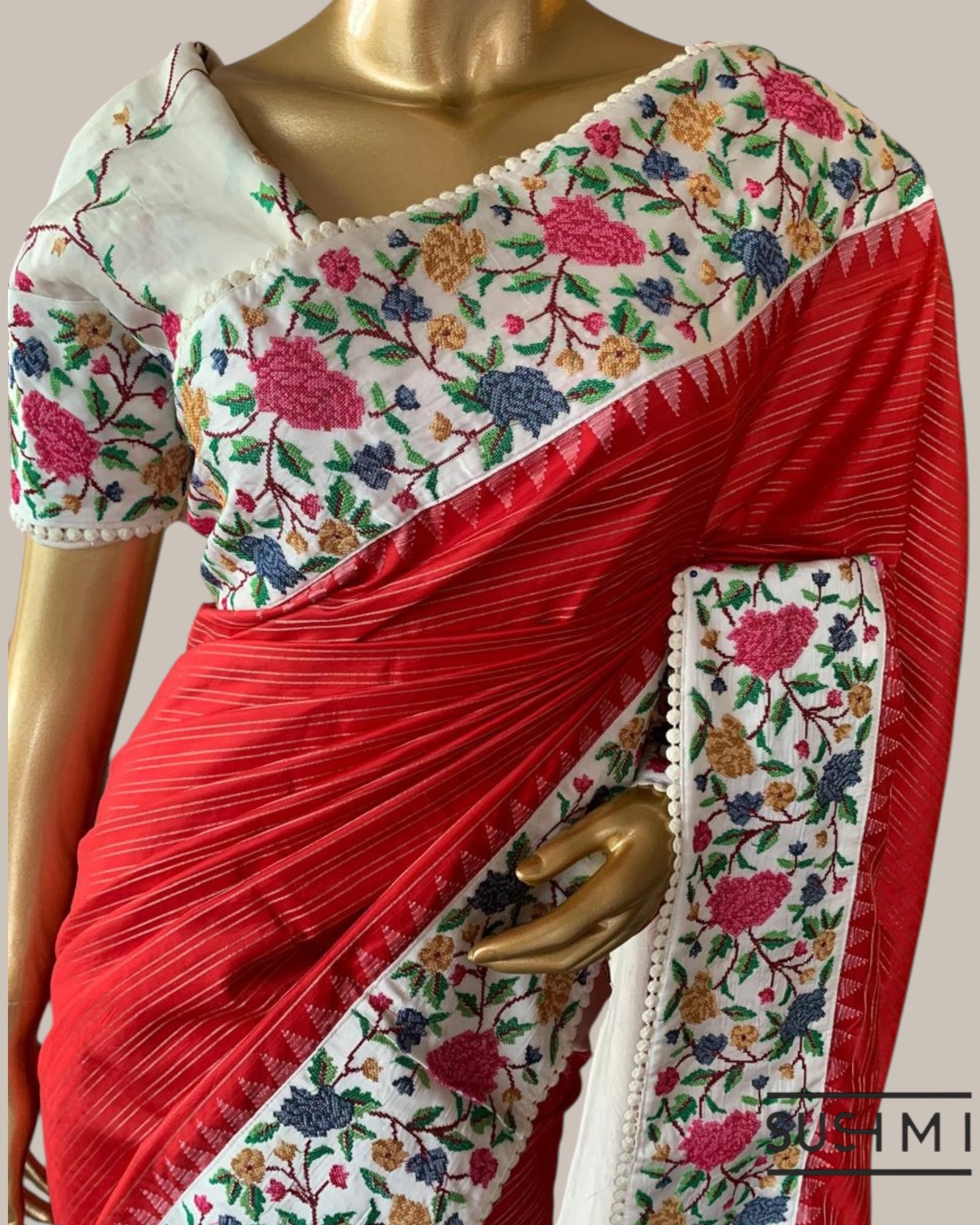 Red Kanchi Soft Silk Saree With Petite Point Embroidered Border Pallu & Blouse