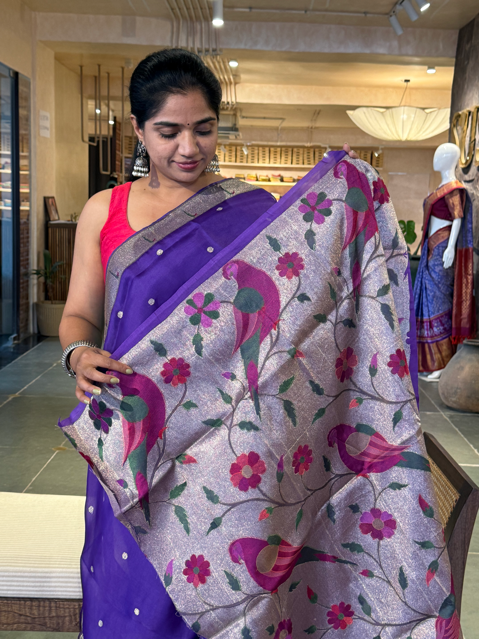 Violet Pure Handloom Kora Silk and Pythani Fusion Saree