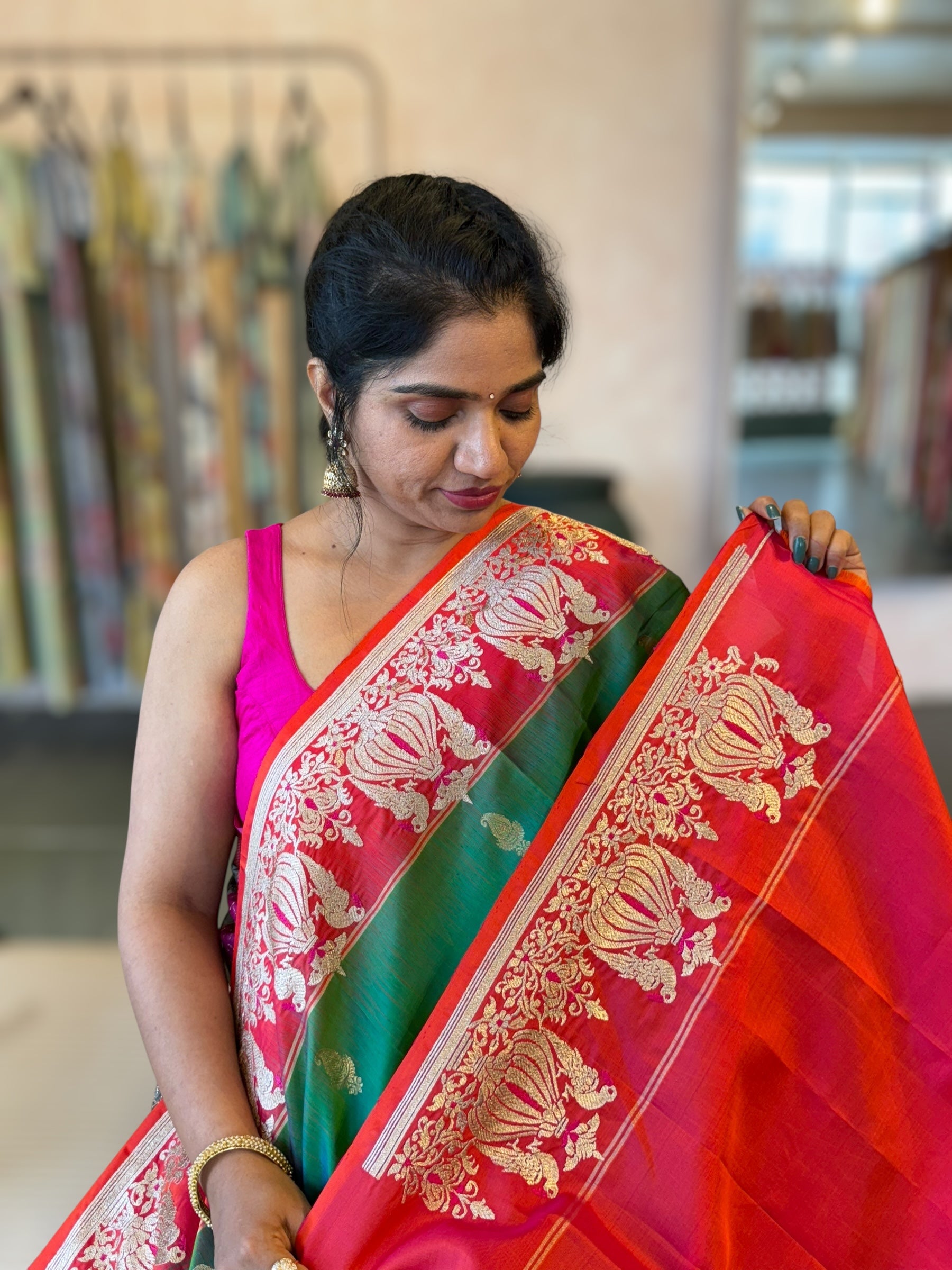 Emerald Green Kanchi Silk Saree in With Zari Meenakari Embroidered Border