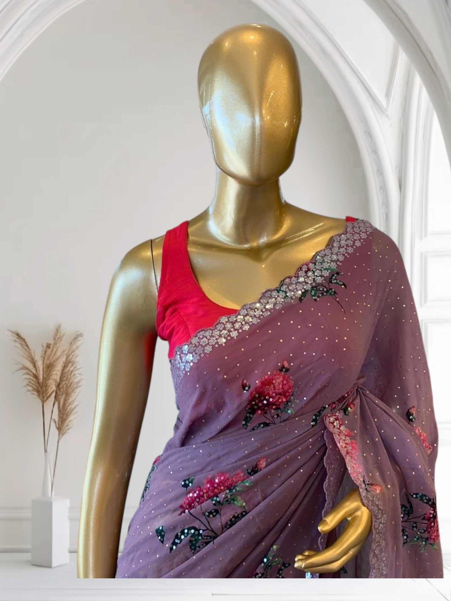 Dark Mauve Gorgette Printed Saree with sequnce border