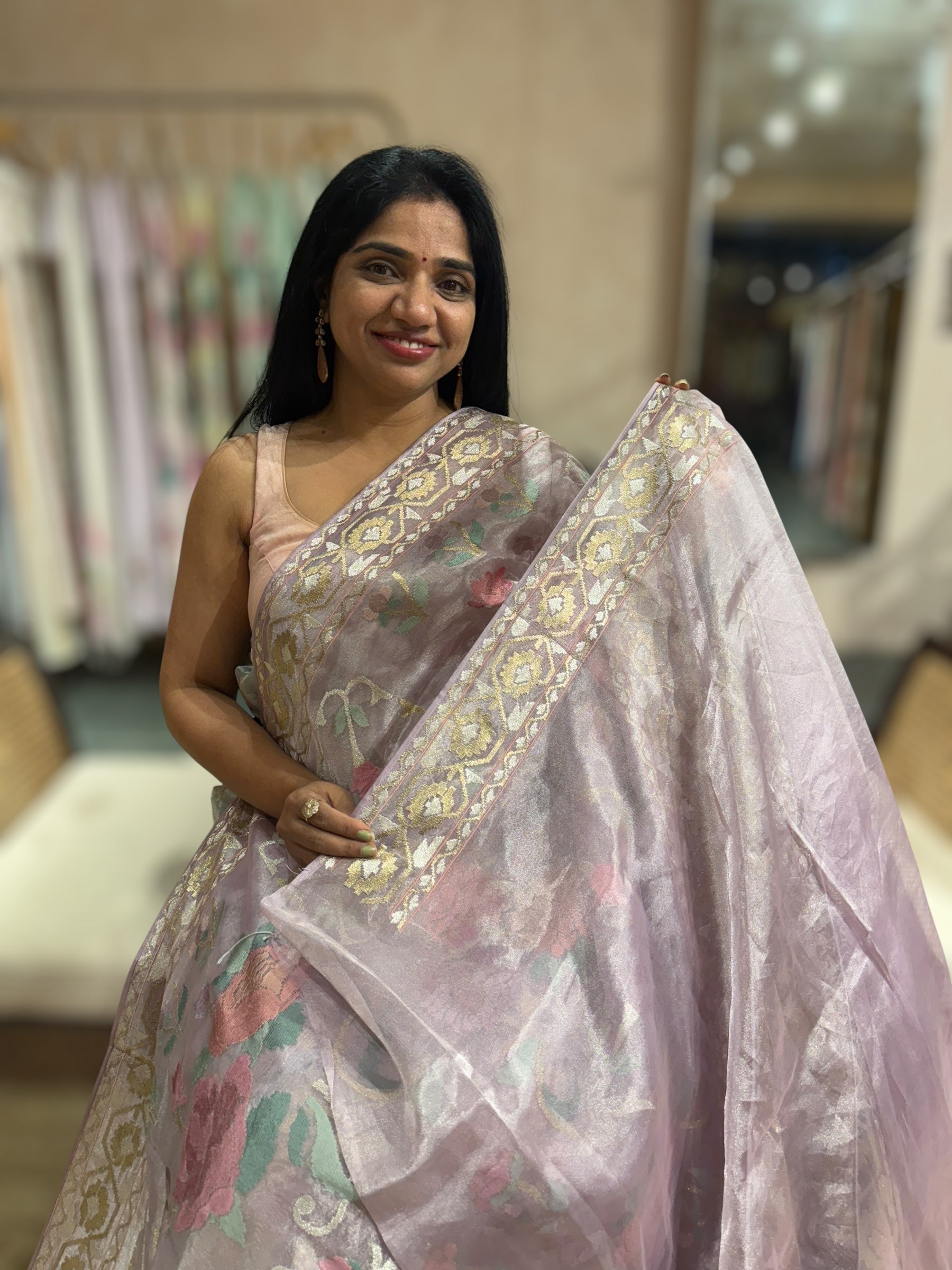 Lilac Pink Pure Tissue With Jamdani Inspired Allover Embroidery