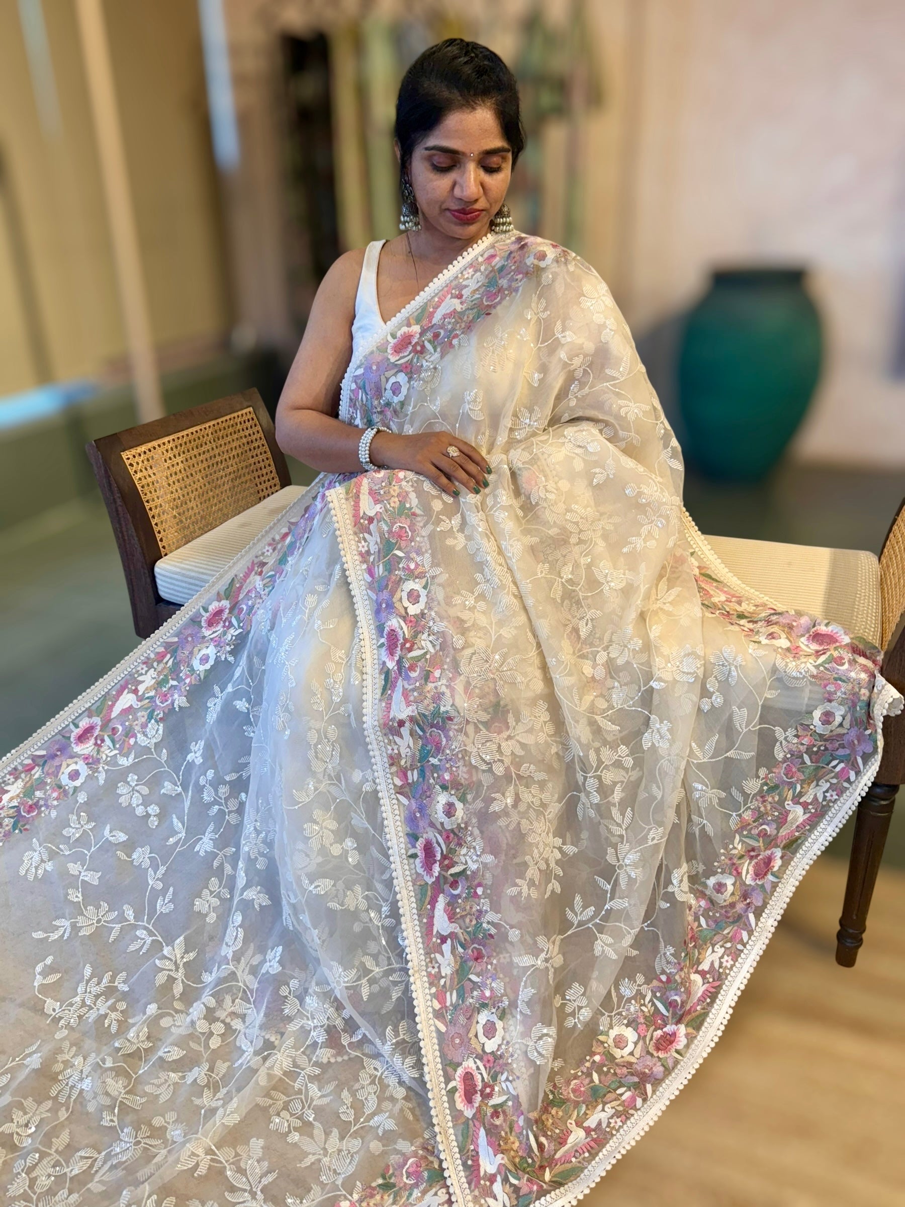 Ivory Organza Saree with Allover Floral Sequence Work & Parsi Embroidered Border