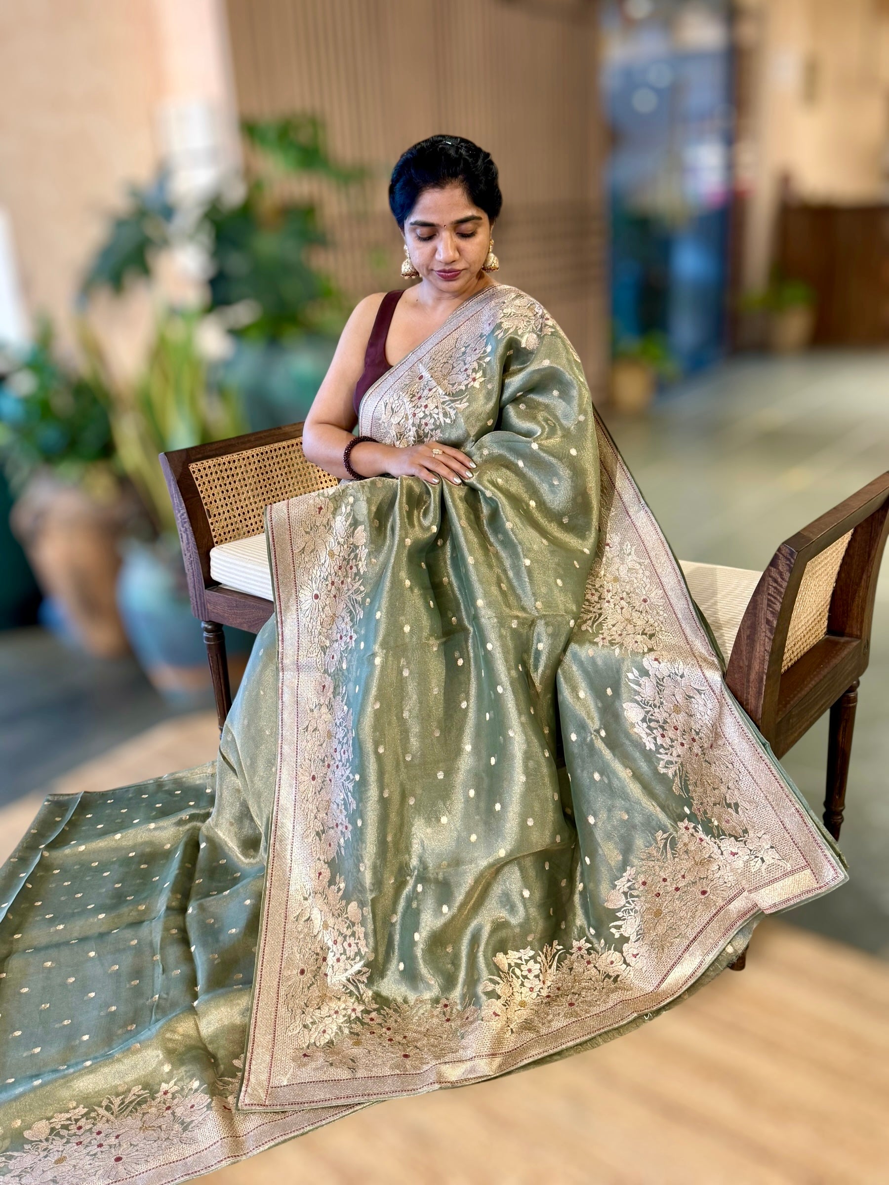 Green Banarasi Tissue Saree With Heavy Tissue Embriodered Border & Stripes BP