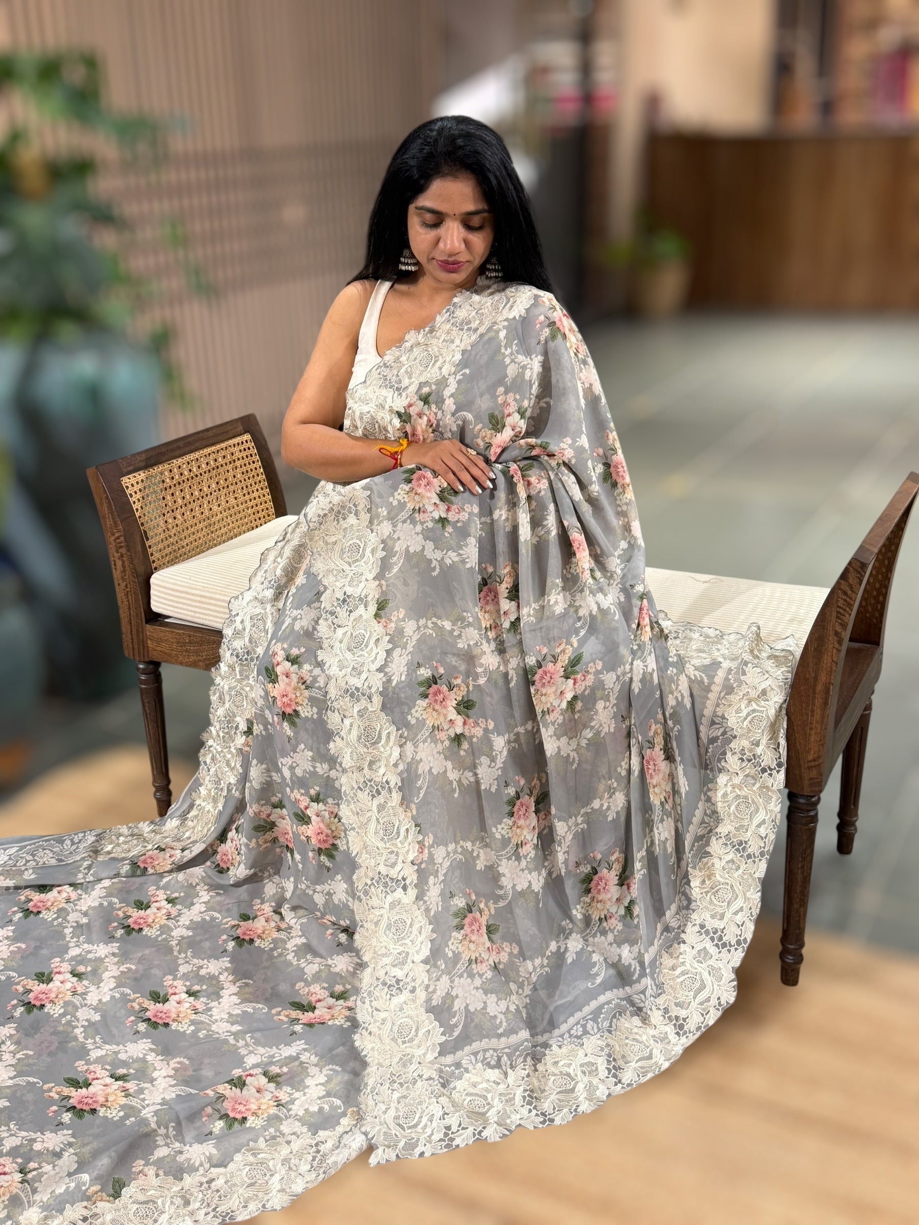 Grey Gorgette Printed Saree With Chatilly Lace Style Cutwork embroidered Border