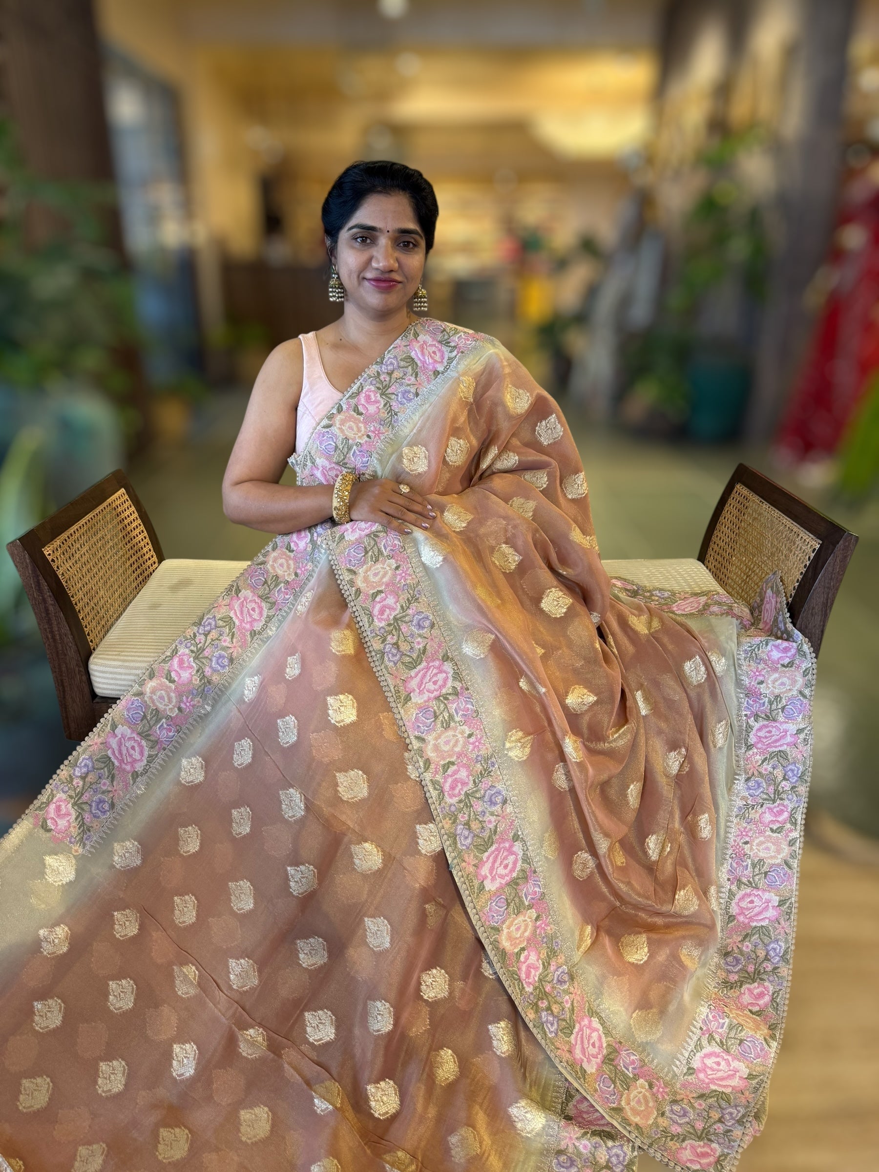 Peachish Brown Banarasi Tissue Gorgette Saree Wth Petite Point Border