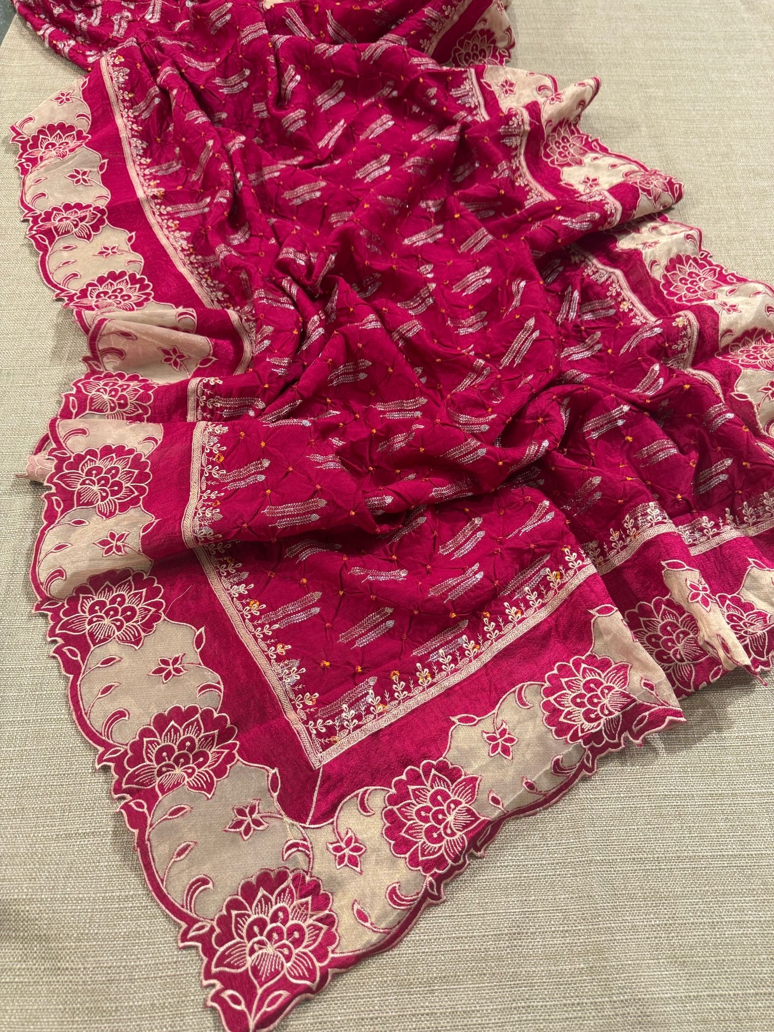 Banarasi Handloom Chiniya Silk Bandhini with Tissue Applique