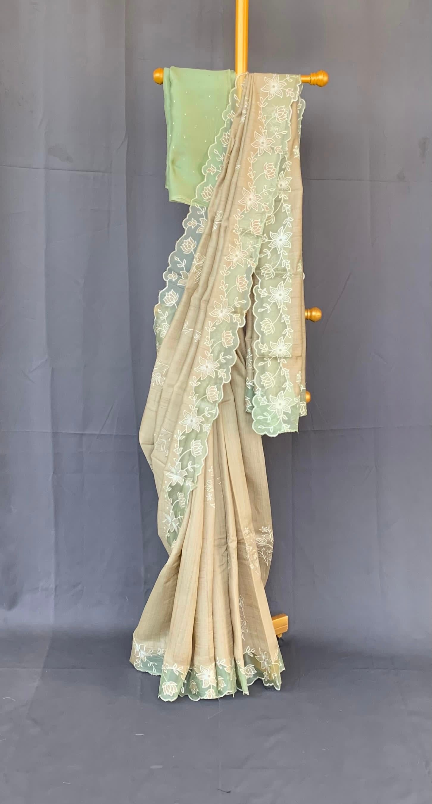 Pure handloom Tussar Designer Saree with Organza Applique Cutwork Border