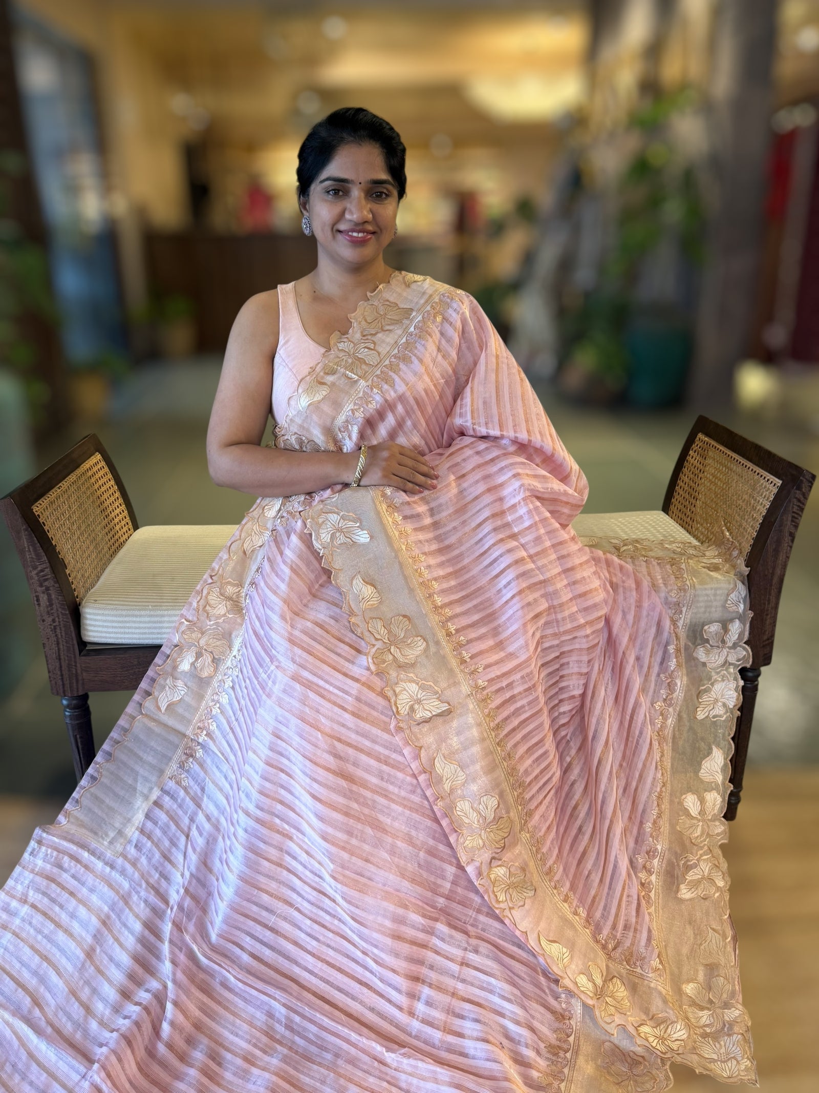 Lilac Pink Mul Tissue Stripes Saree With Tissue Cutwork  Border & Blouse