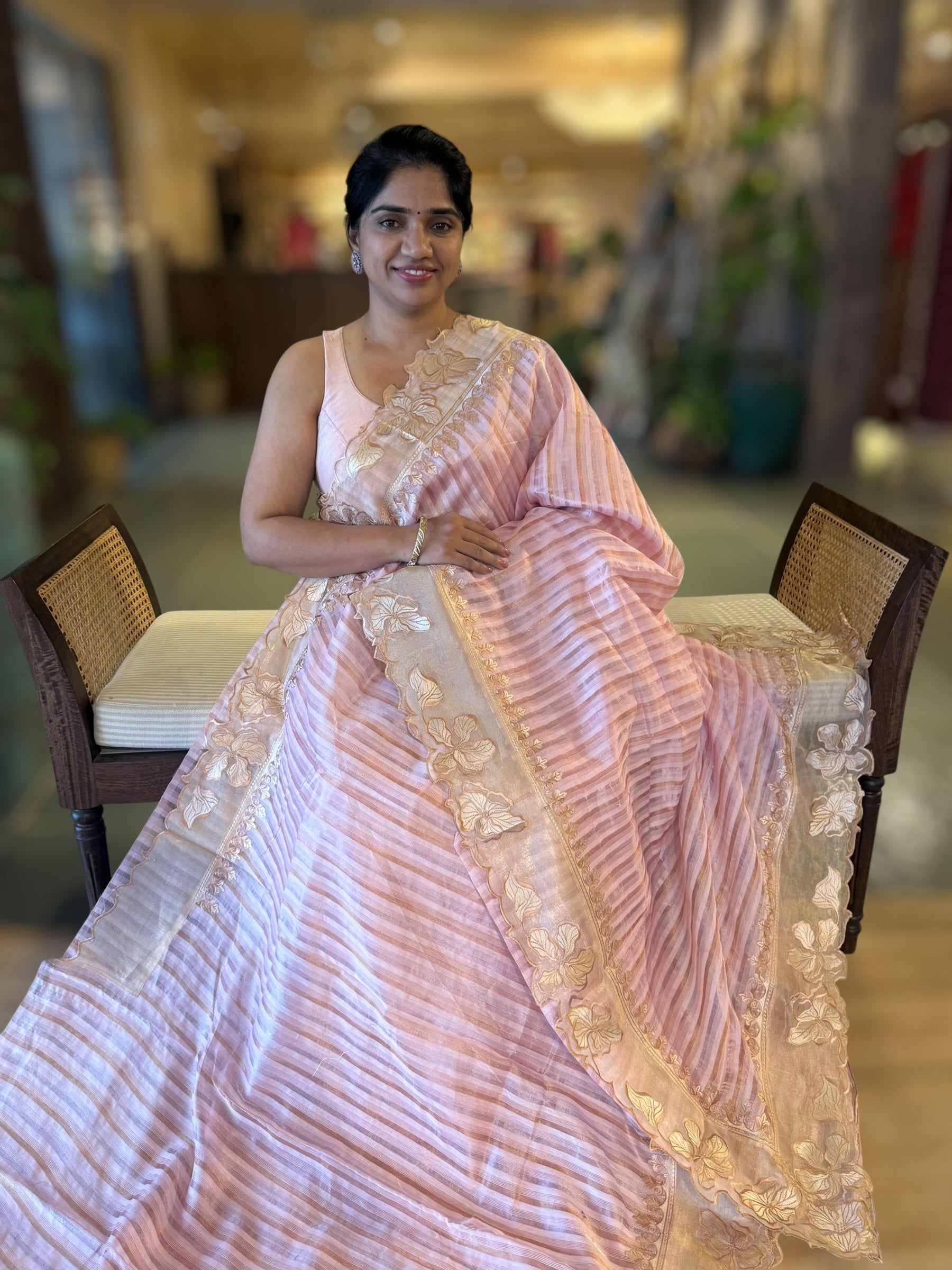 Lilac Pink Mul Tissue Stripes Saree With Tissue Cutwork  Border & Blouse