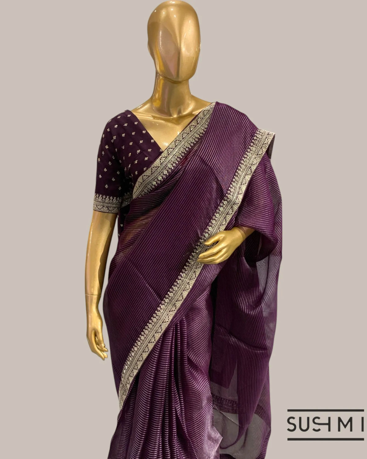 Wine Organza Saree with Zari stripes Hemlined with sabhyasachi border and blouse