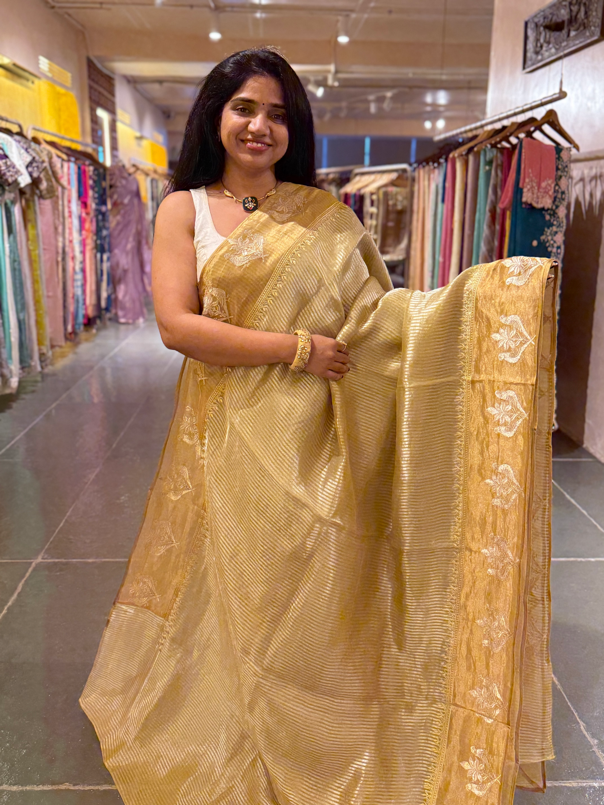 Lime Yellow Kora Tissue stripes saree wth tissue Embroidered Border