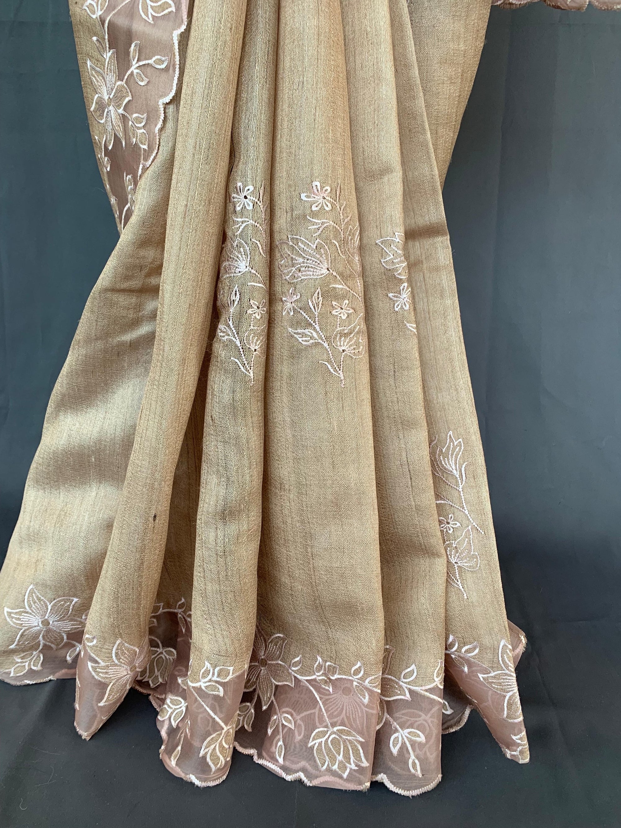 Pure handloom Tussar Designer Saree with Organza Applique Cutwork Border