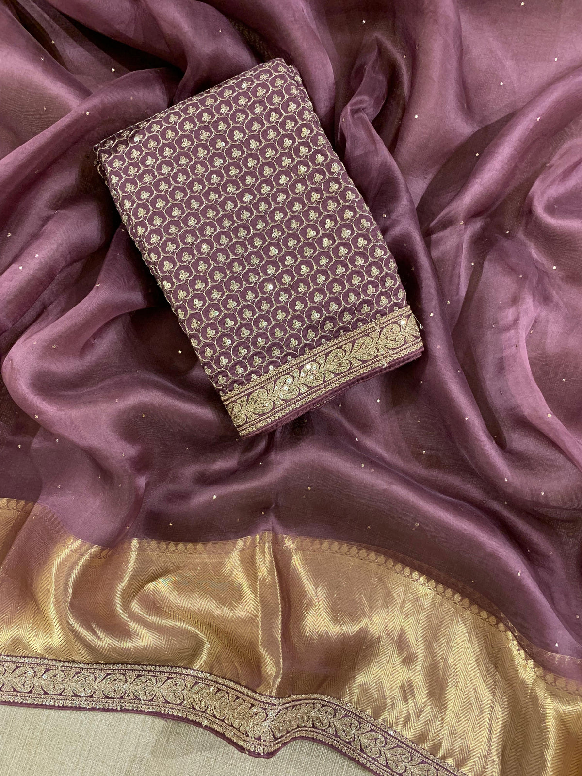 SK1091412ORG:Brownish Wine Kanchi Kora Saree with allover mukaish handwork