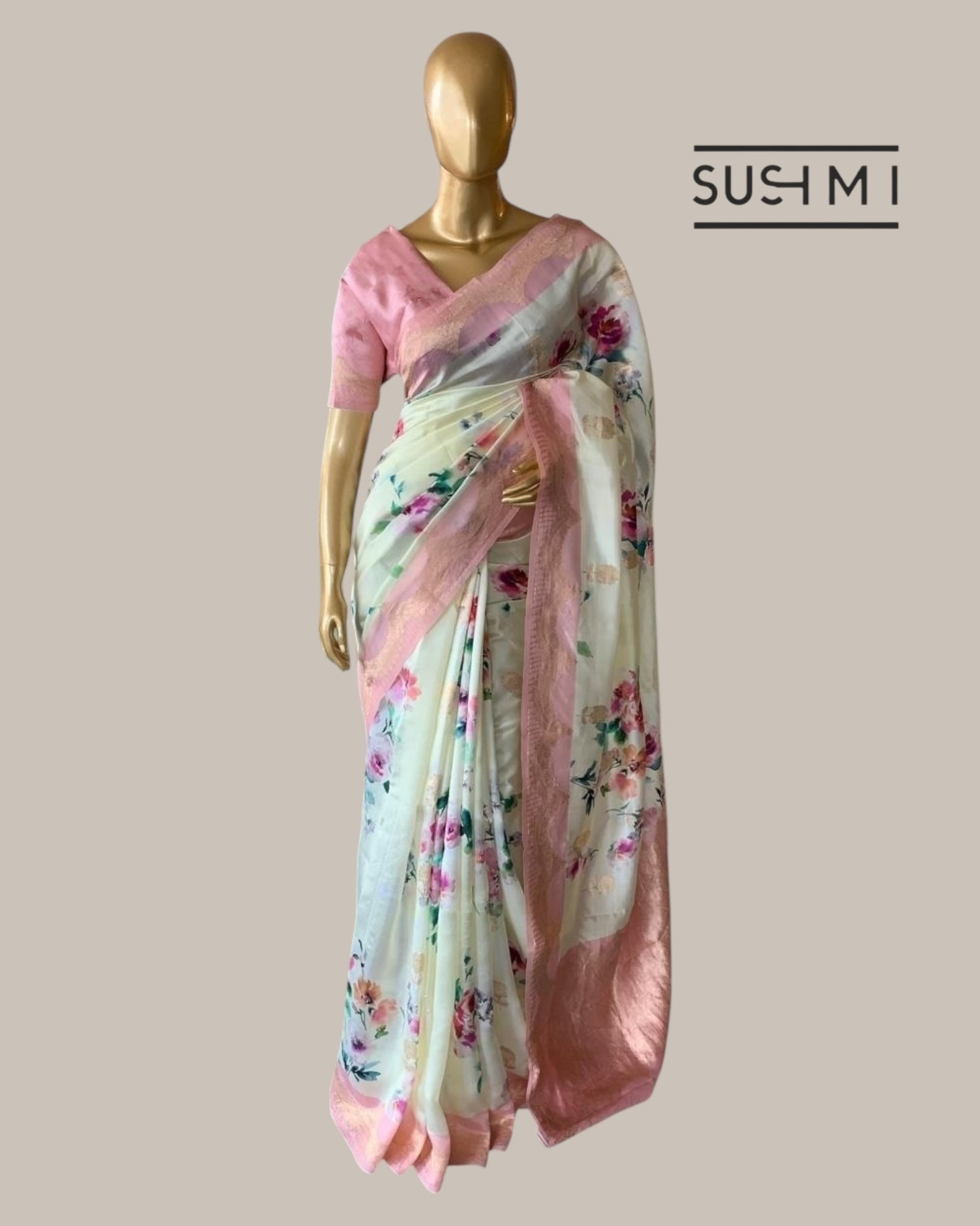 Banarasi Soft Silk Printed Saree With Scalloped Woven Zari Border