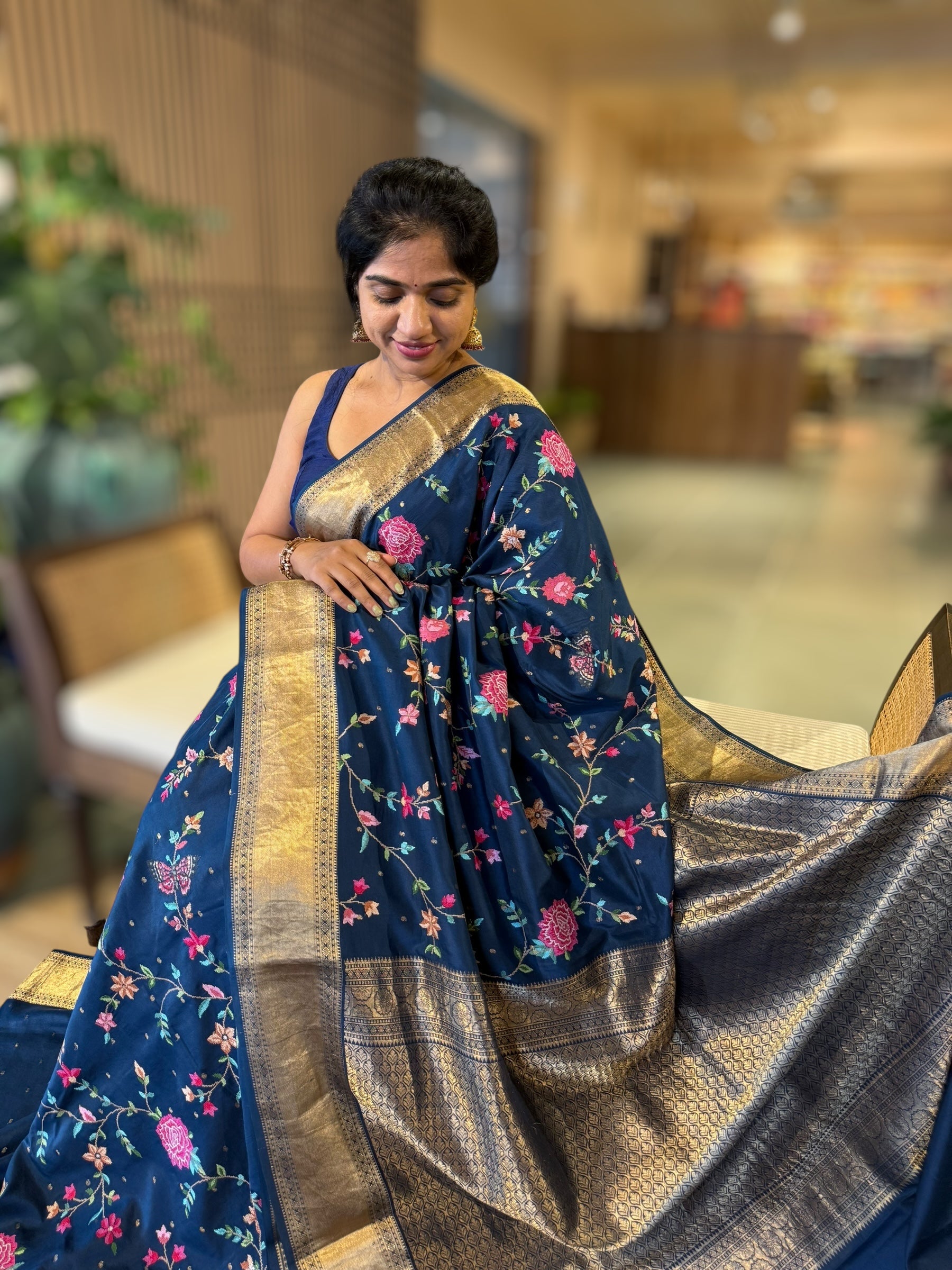 Midnight Blue Kanchi soft Silk Saree With Allover Petite Point Embroidery