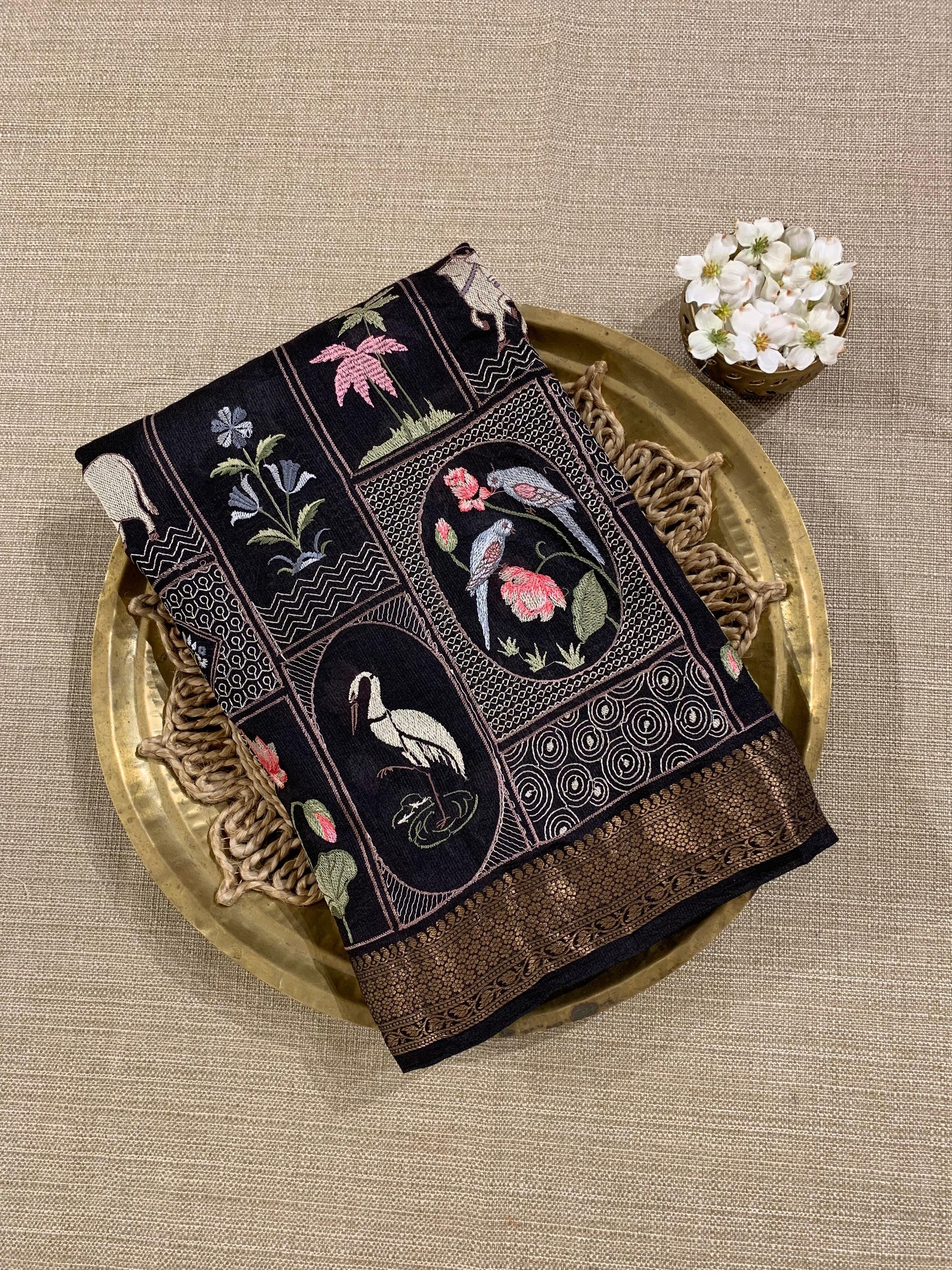 SMSEA109 Black Pure Handloom Munga Silk Saree with Pichwai Embroidery