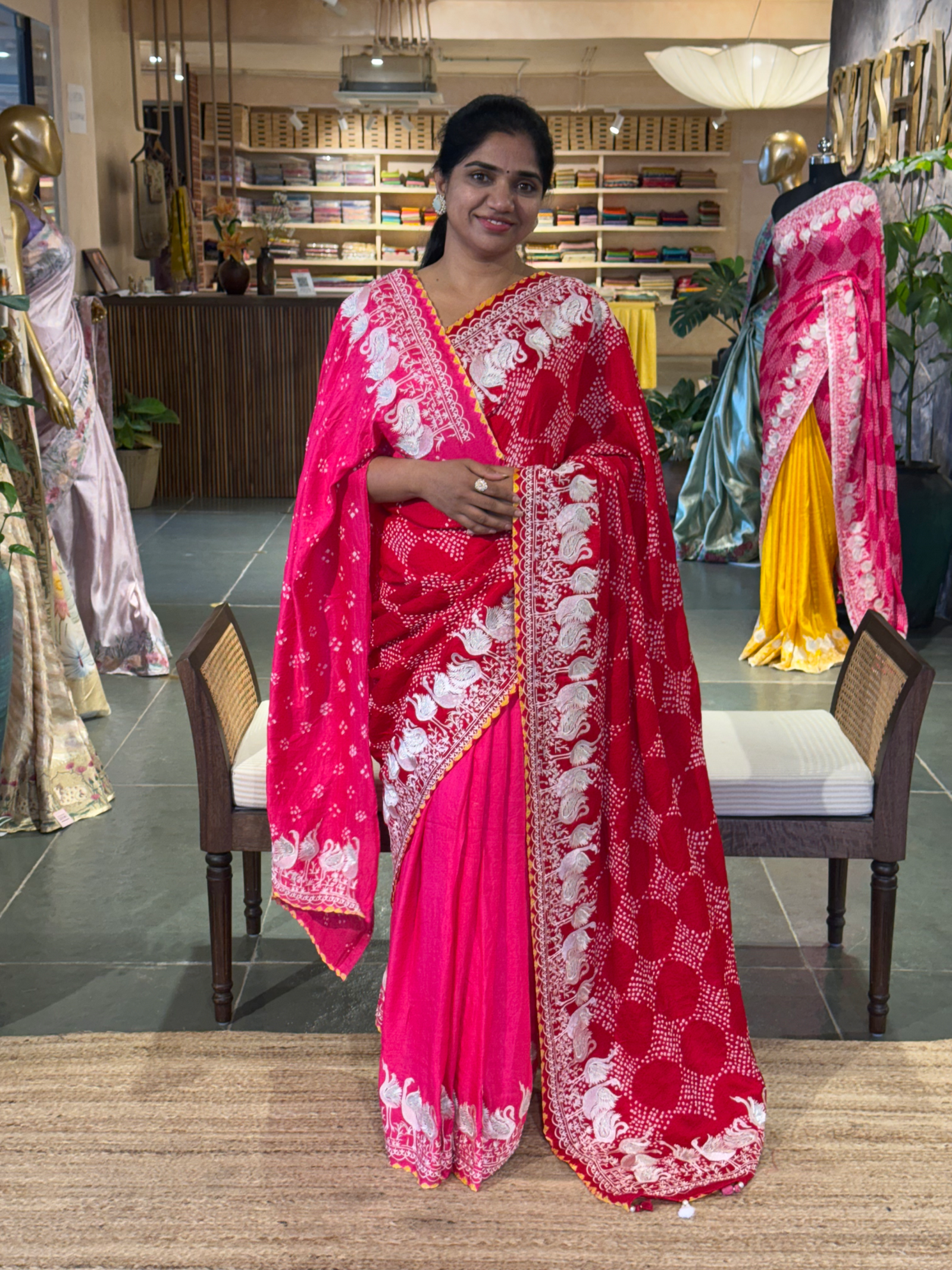 Pure Gajji Silk Rai Bandhej Saree in half and half style with Swan embroidery