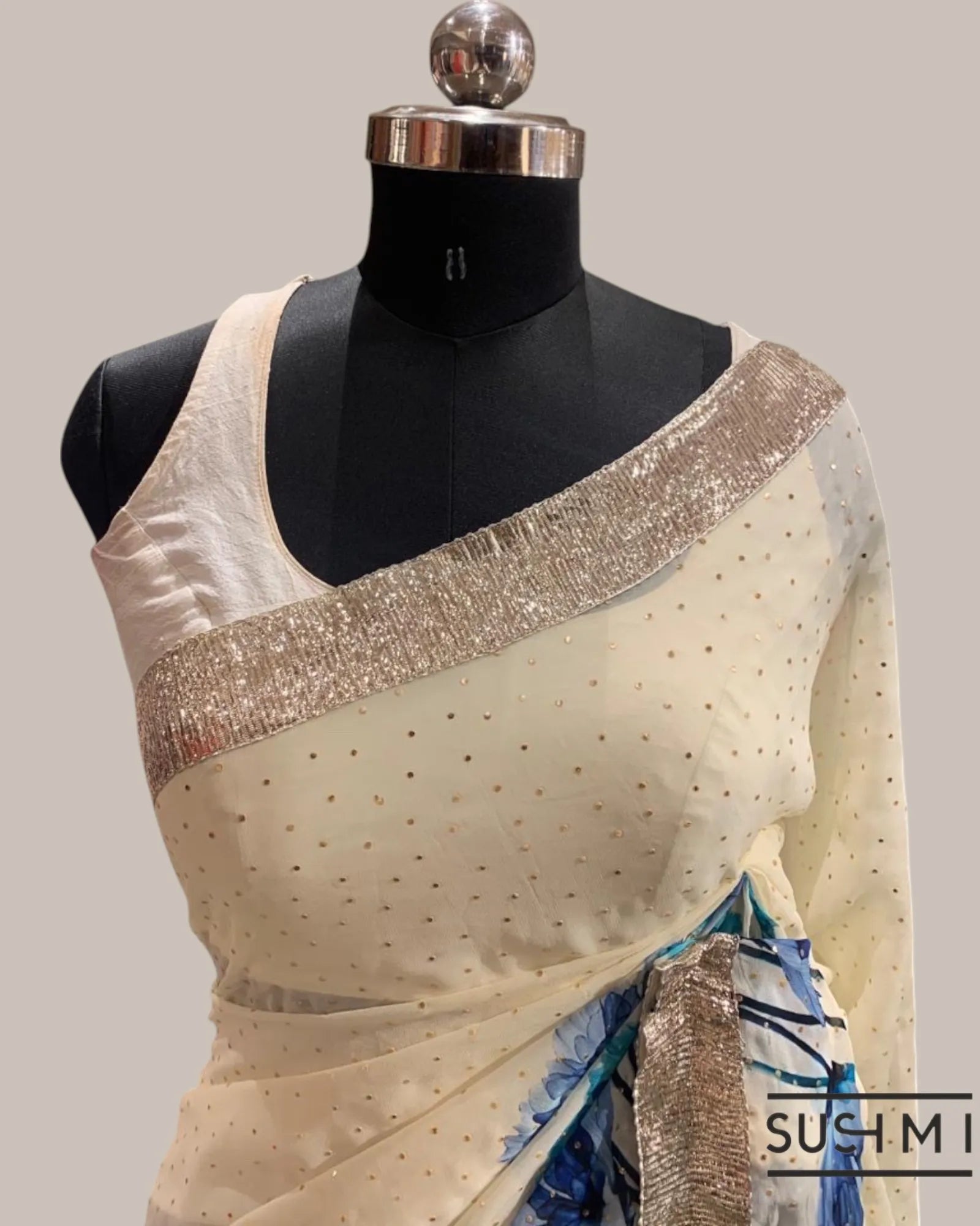 Pure Gorgette Saree with floral printed border and pallu hemlined with gota lace