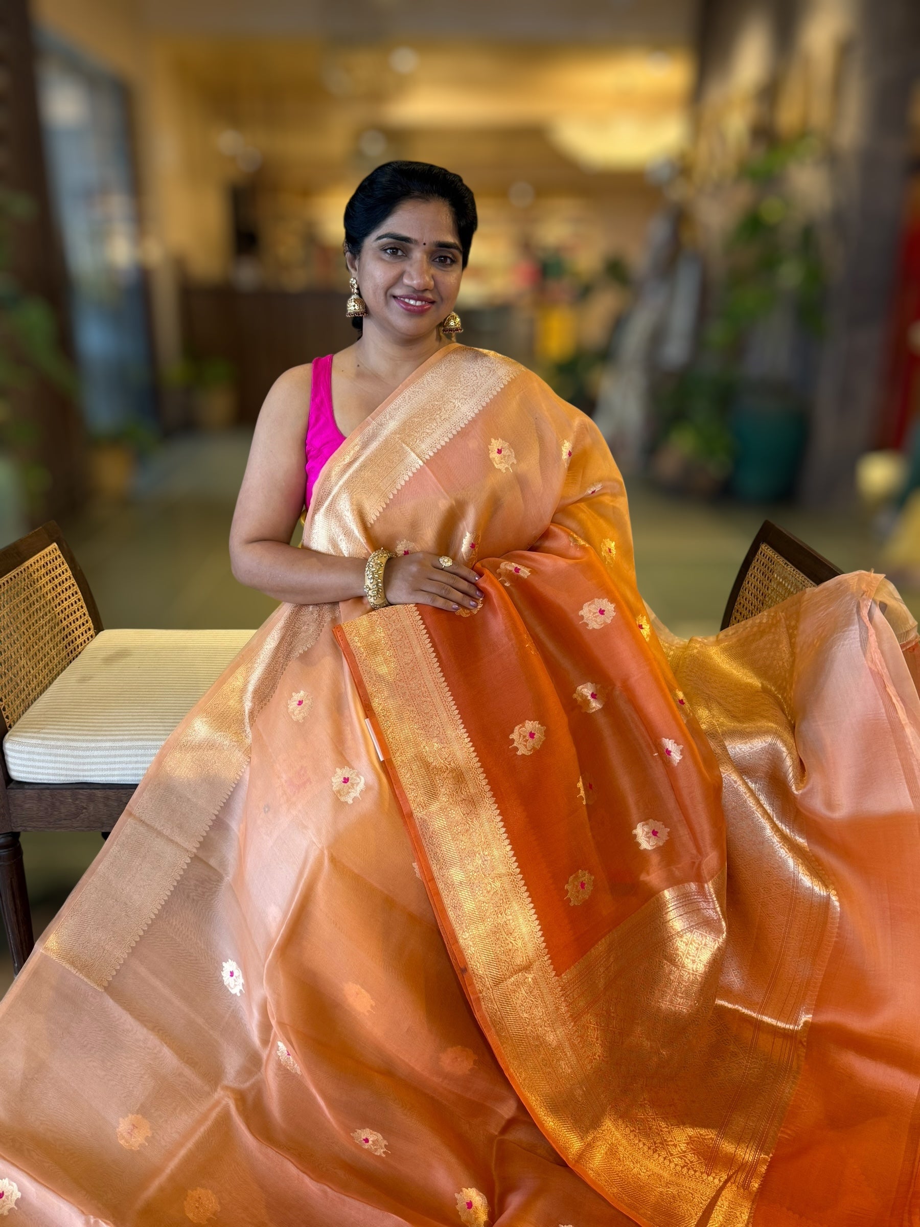 Rust Shaded Premium Kora Banarasi Saree with Allover Meenakari Kaduwa Motifs