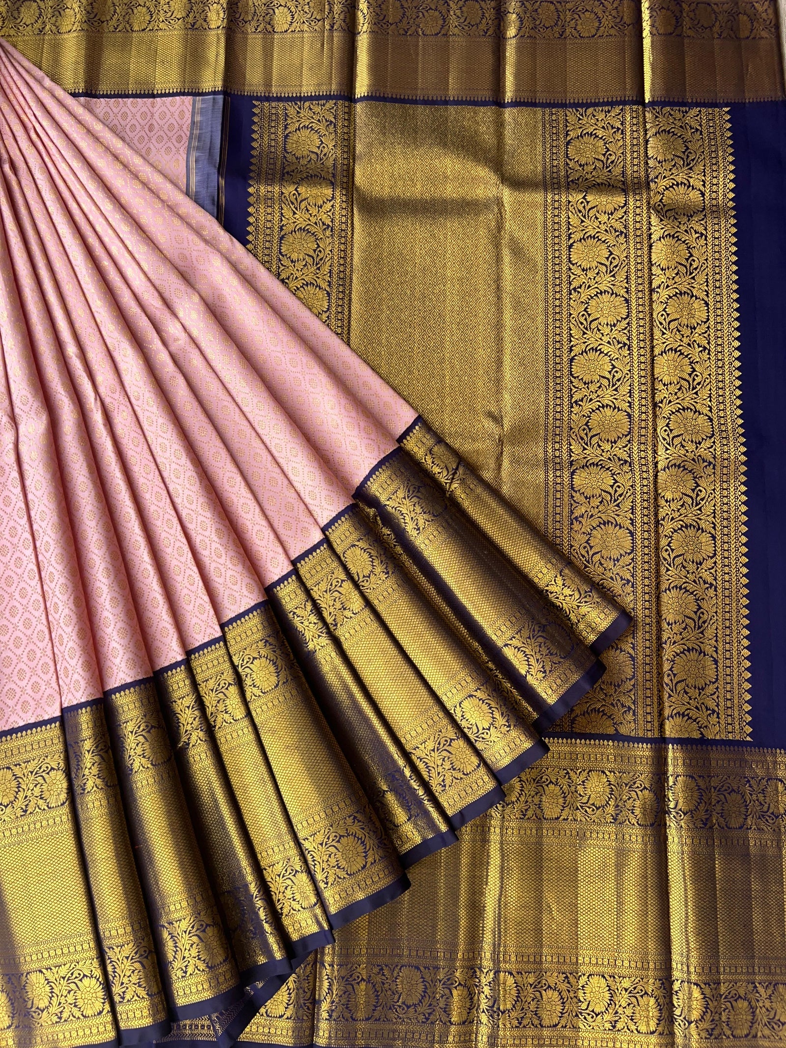 Elegant Pink Pure Kanchi Pattu Silk Saree with Midnight Blue Zari Border