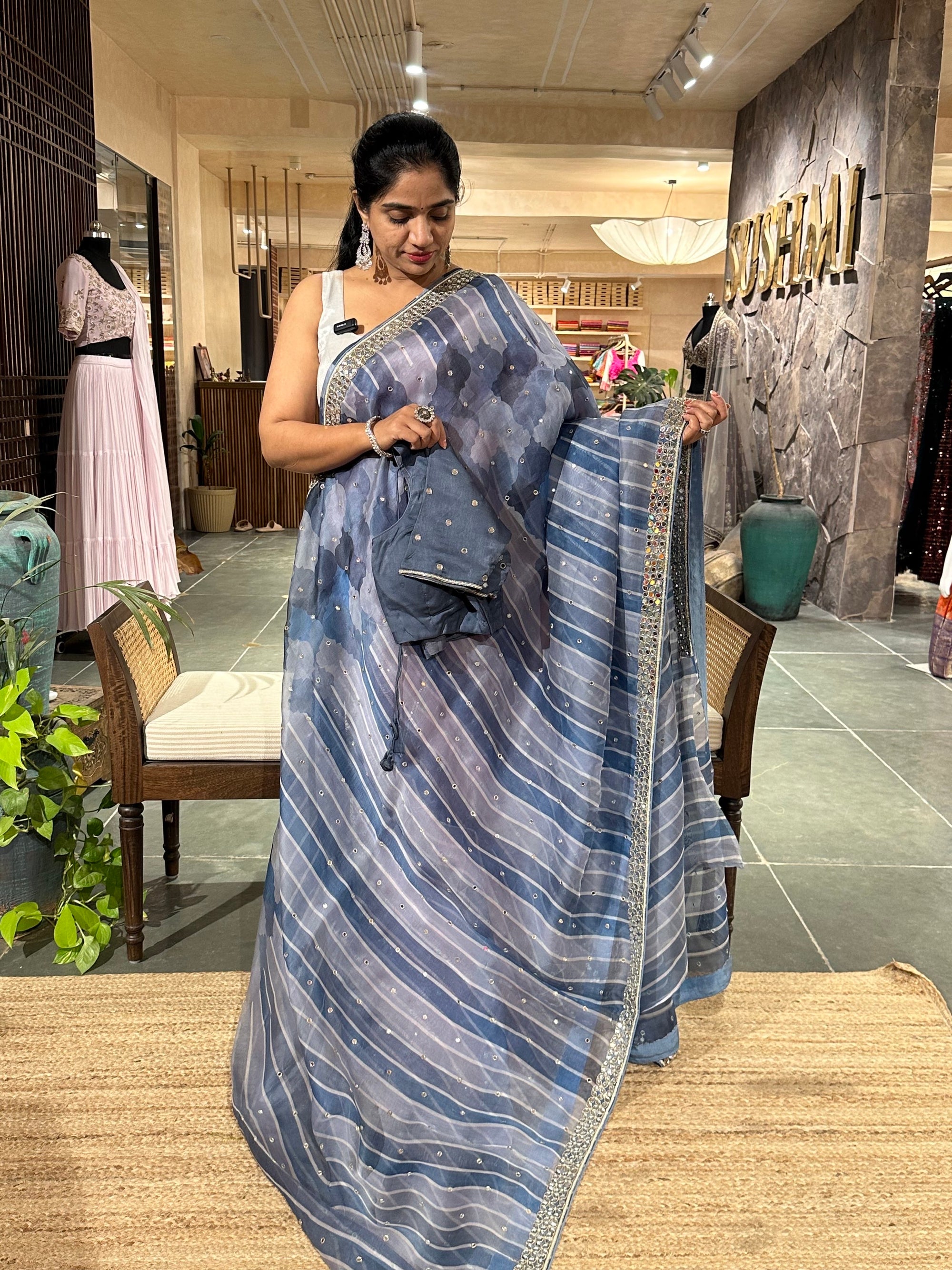 Organza Handwork Saree with mirrorwork