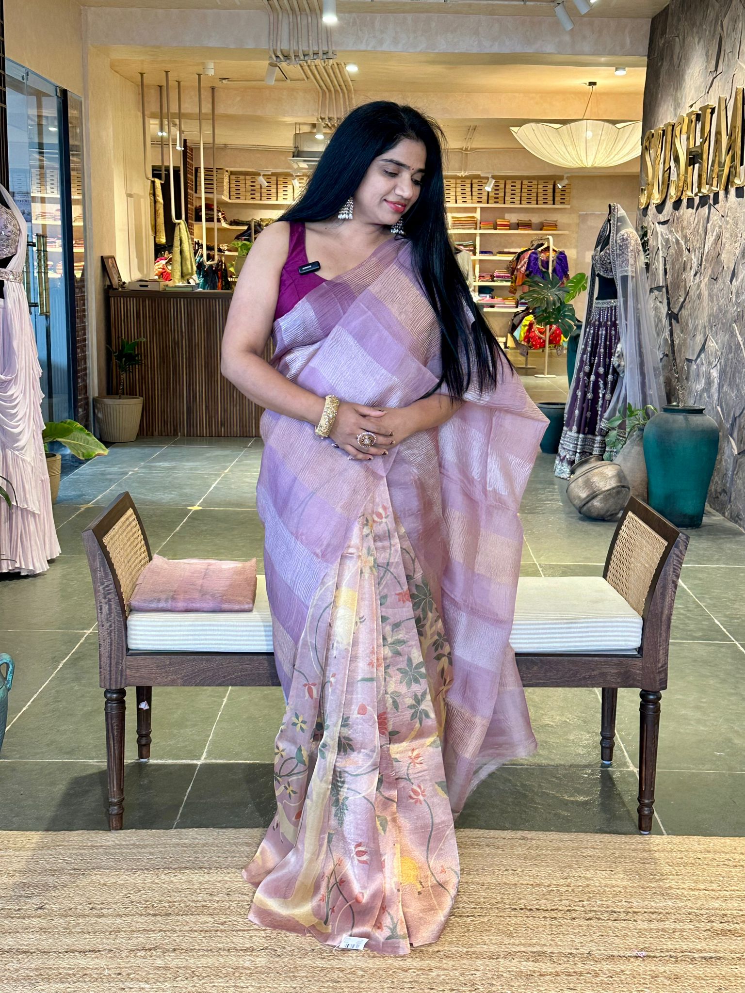 Lavenderish Pink Premium Banarasi Printed Tissue Saree in half and half style