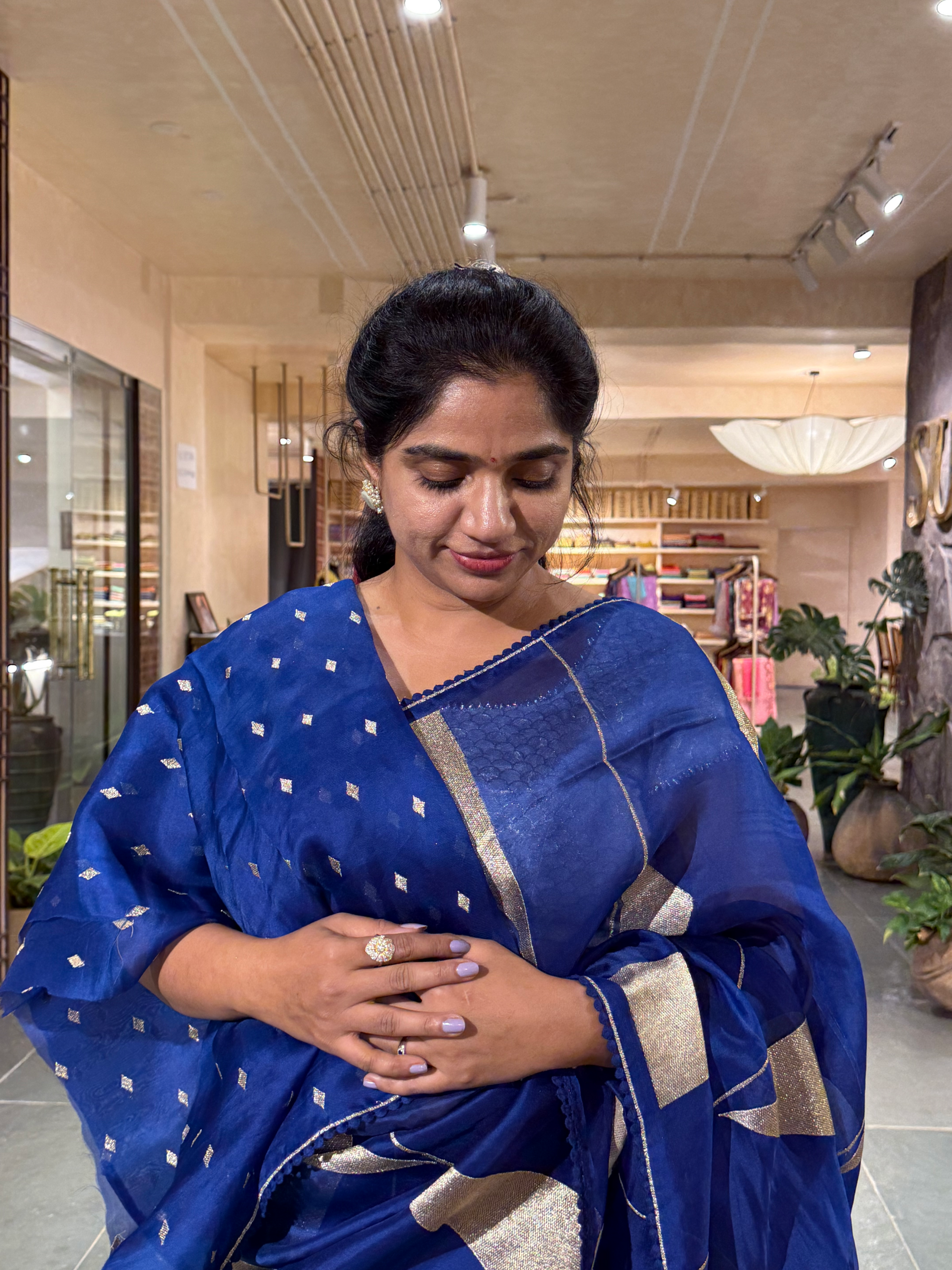 SOCA101 Royal Blue Pure Organza Silk Saree in contemporary style
