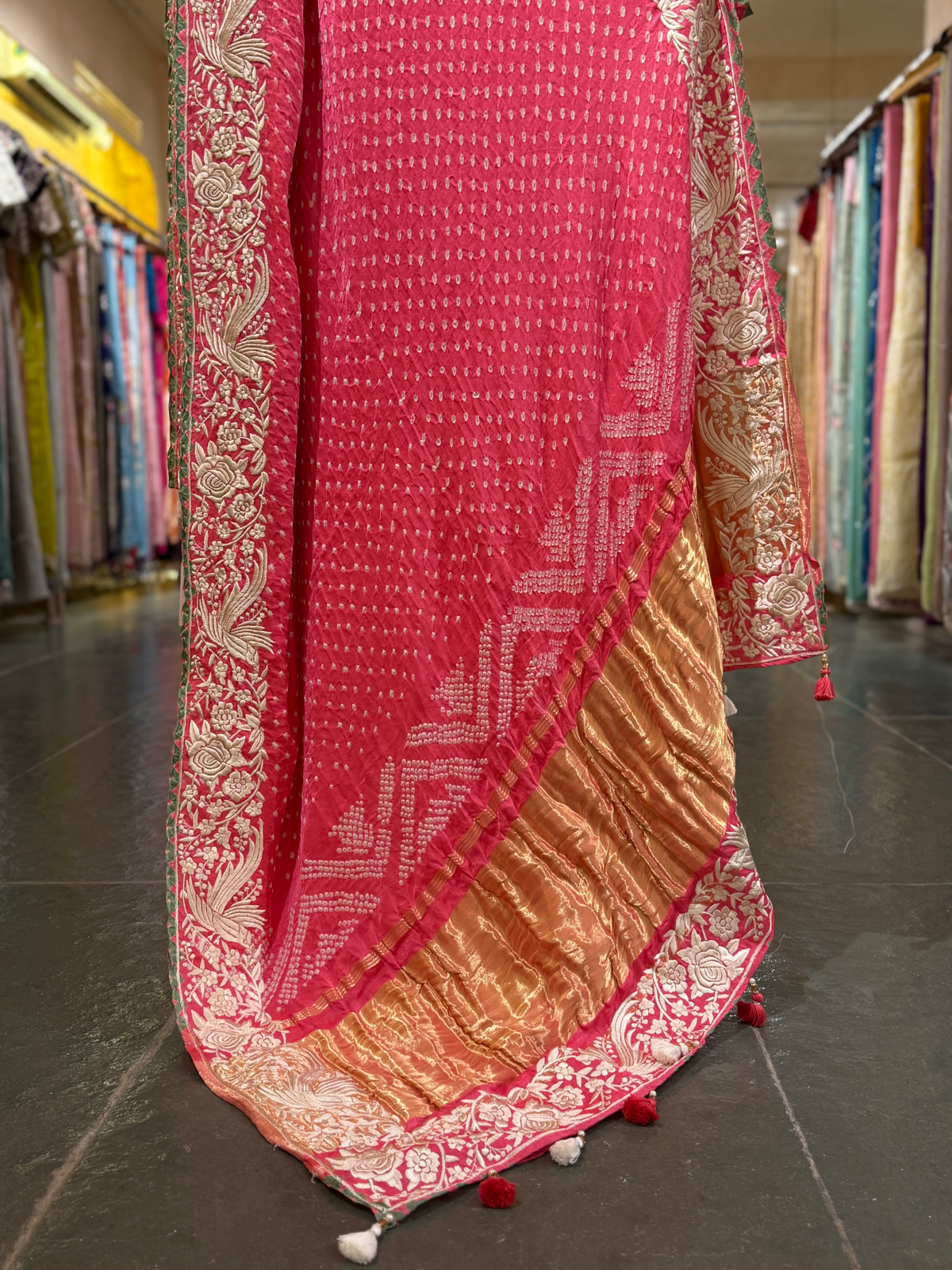 Neon Pink Pure Gajji Silk Kutch Bandhej Saree with Parsi Gara Embroidery
