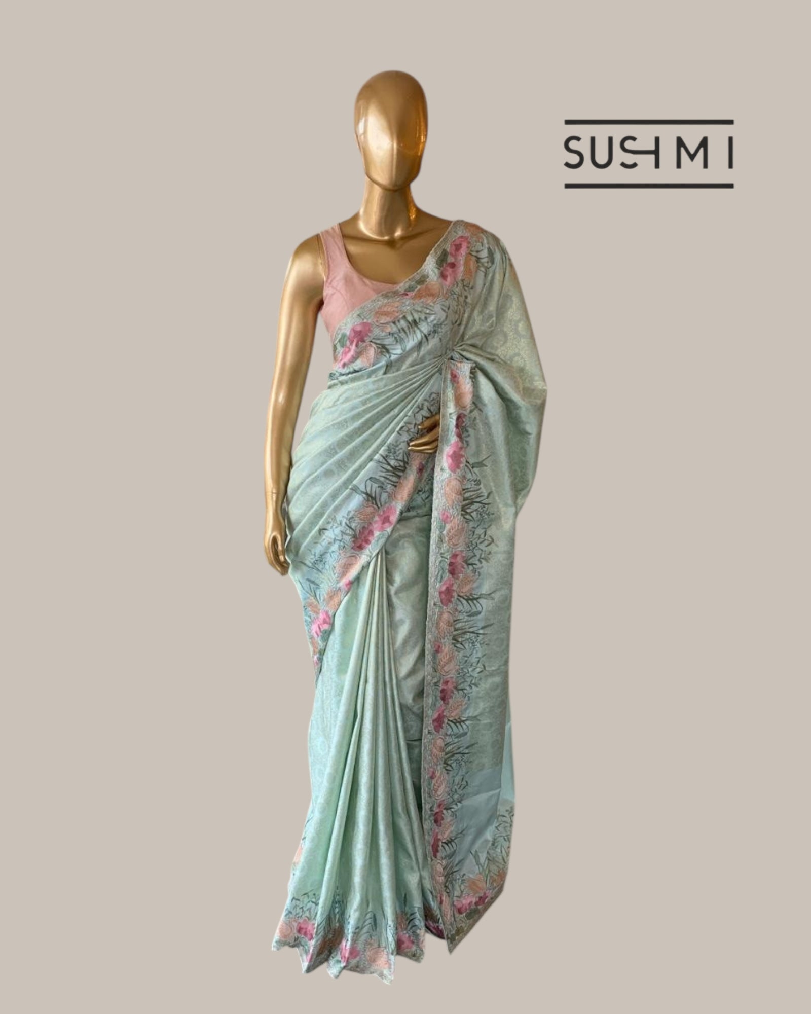 Mint Kanjeevaram Brocade Saree Beautiful Pond Theme Embroidered Border.