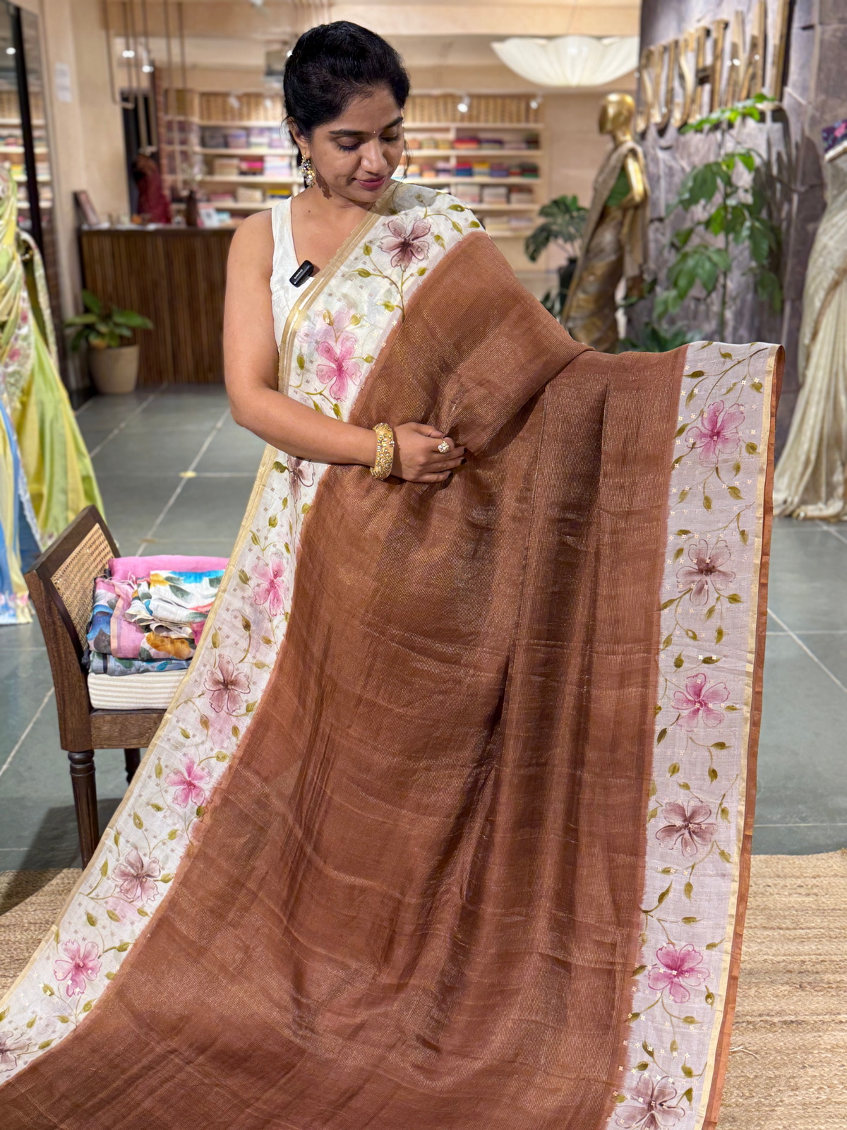 Brown Tussar Kota Tissue Saree with Handpainted Muslin Border and Pallu