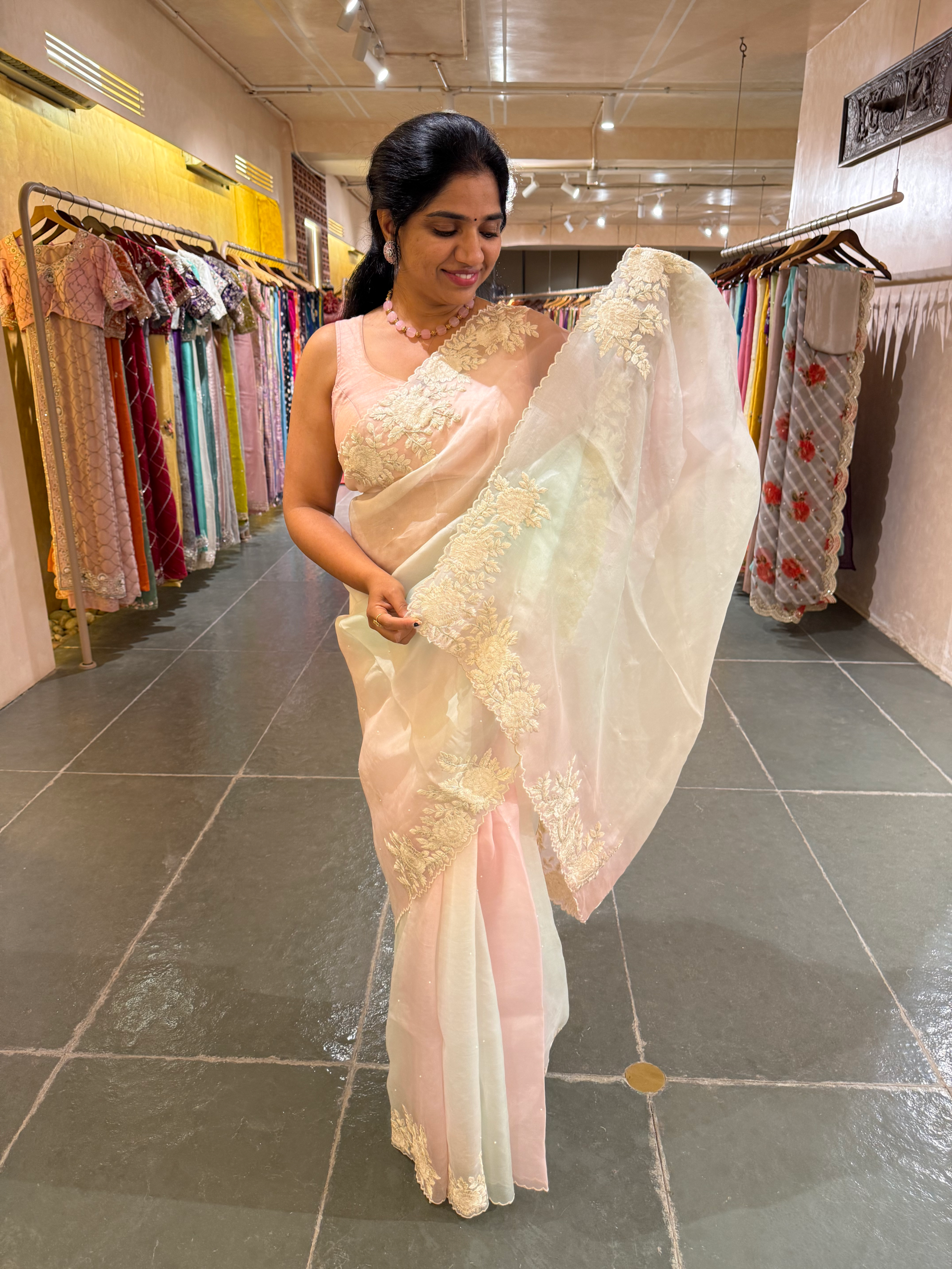 Ombre Dyed Pure Organza Silk Saree with Embroidered Borders