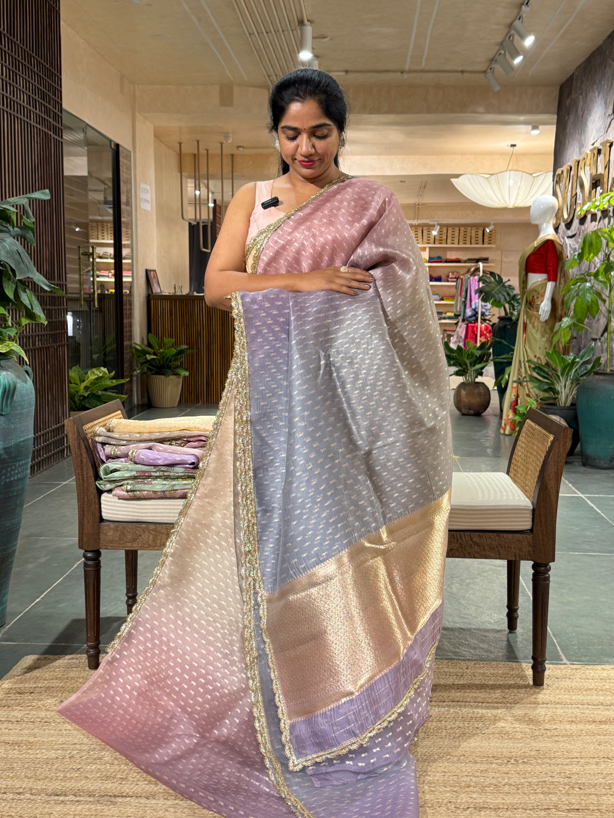 Ombre Dyed Pure Organza Saree with allover zari butis and  Embroidered Blouse