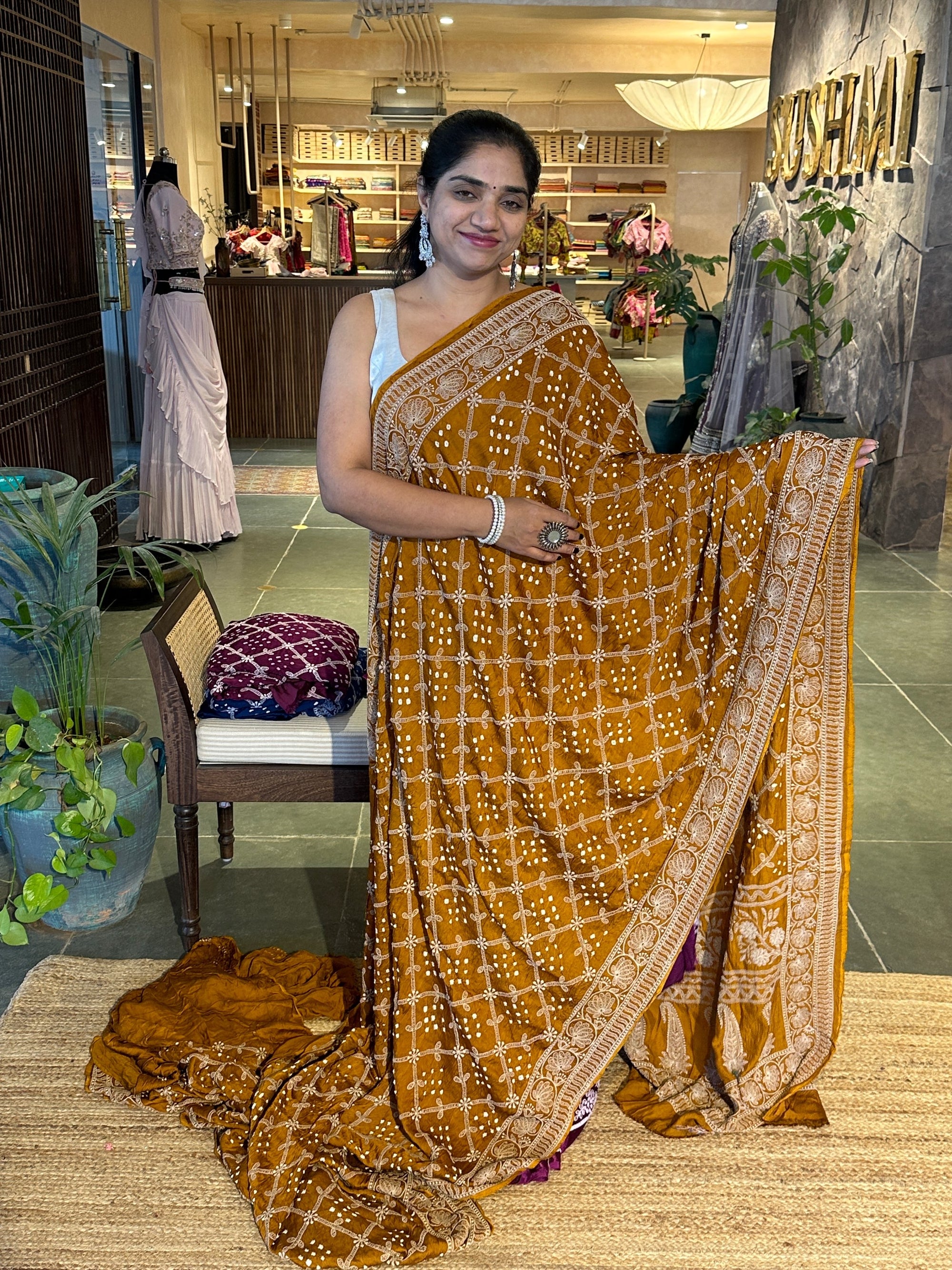 Bandhini Chikankari Fusion Saree