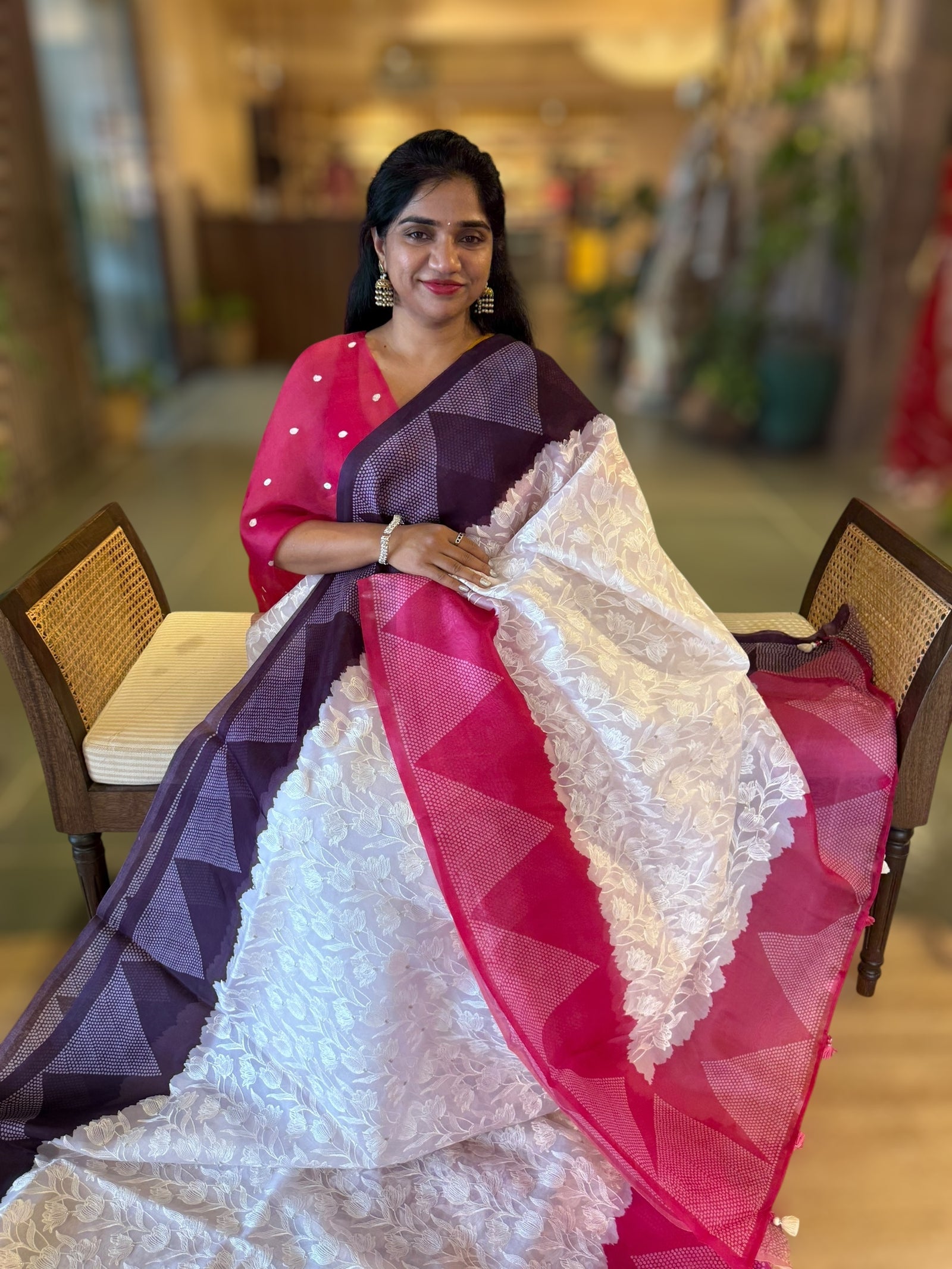 Organza Chikankari Embroidery Saree With Ganga Jamuna Bandhini Temple Borders