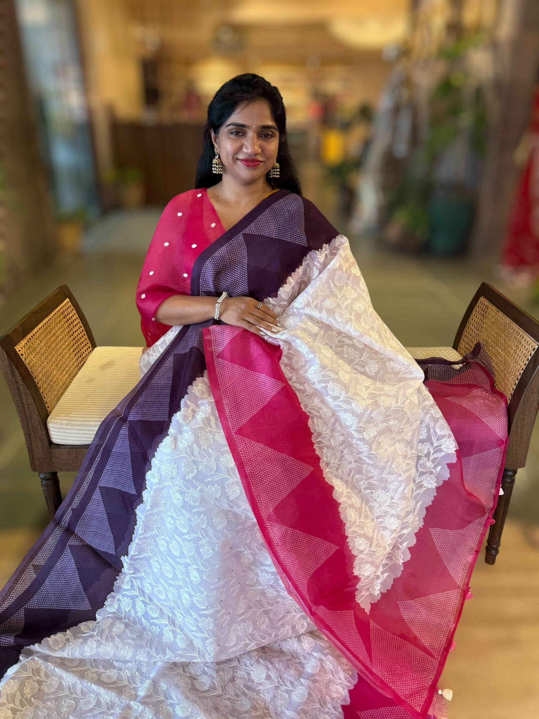 Organza Chikankari Embroidery Saree With Ganga Jamuna Bandhini Temple Borders