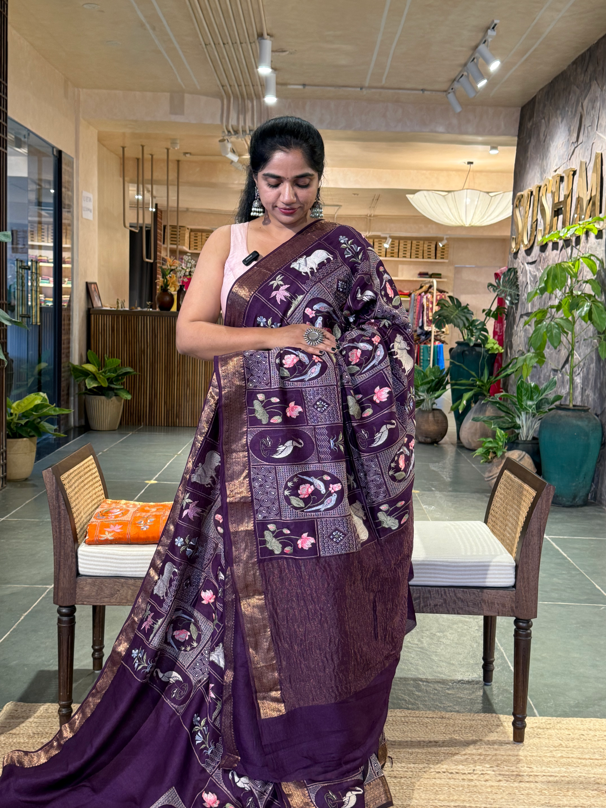 SMSEA111 Wine Pure Handloom Munga Silk Saree with Pichwai Embroidery