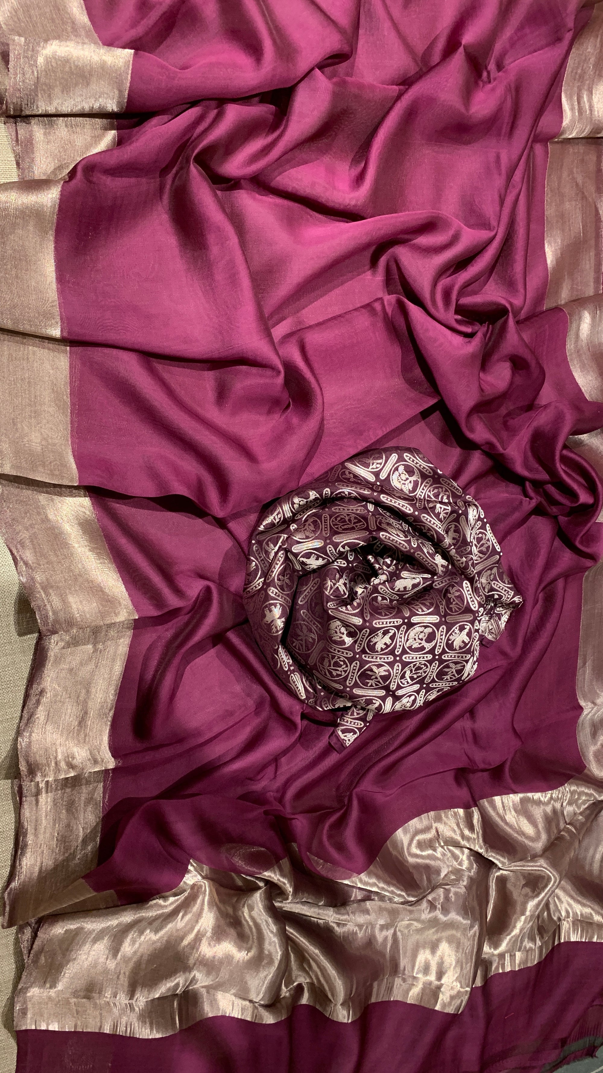 Wine Tussar Kora Saree With Tissue Border & Pallu Paired With Brocade Blouse